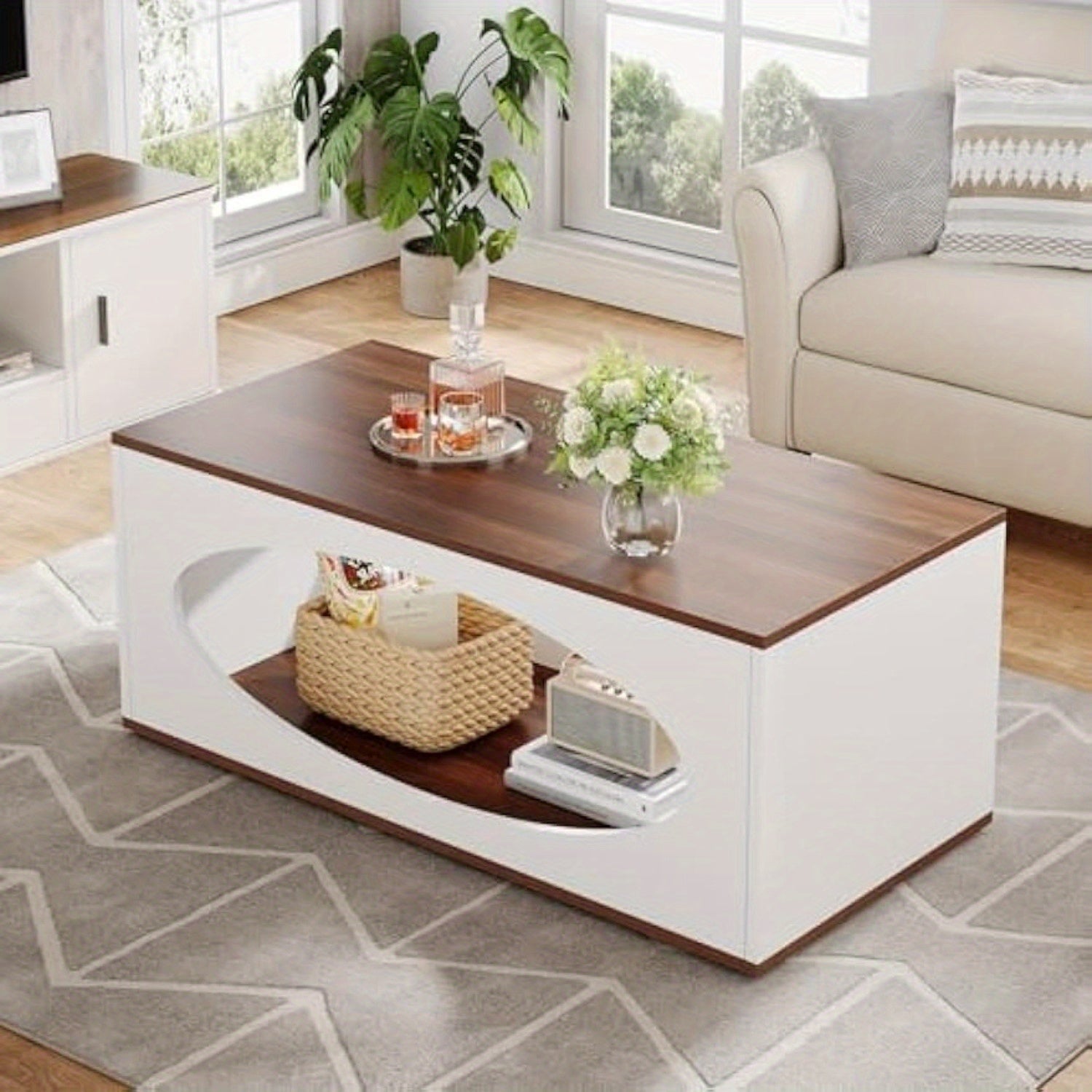 48 Inch Wooden Coffee Table with Storage, Farmhouse Rectangle Center Table for Living Room, Tea Table with Open Shelf