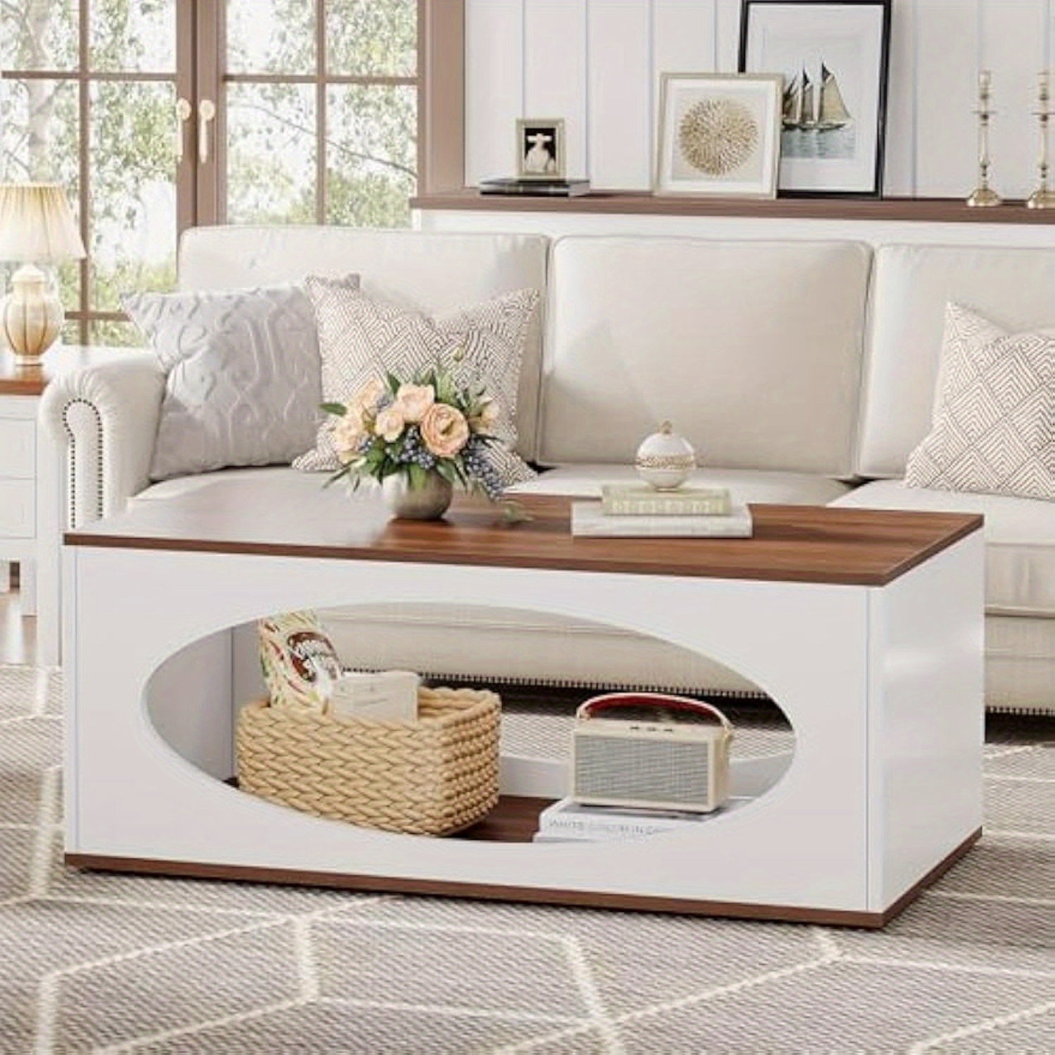 48 Inch Wooden Coffee Table with Storage, Farmhouse Rectangle Center Table for Living Room, Tea Table with Open Shelf