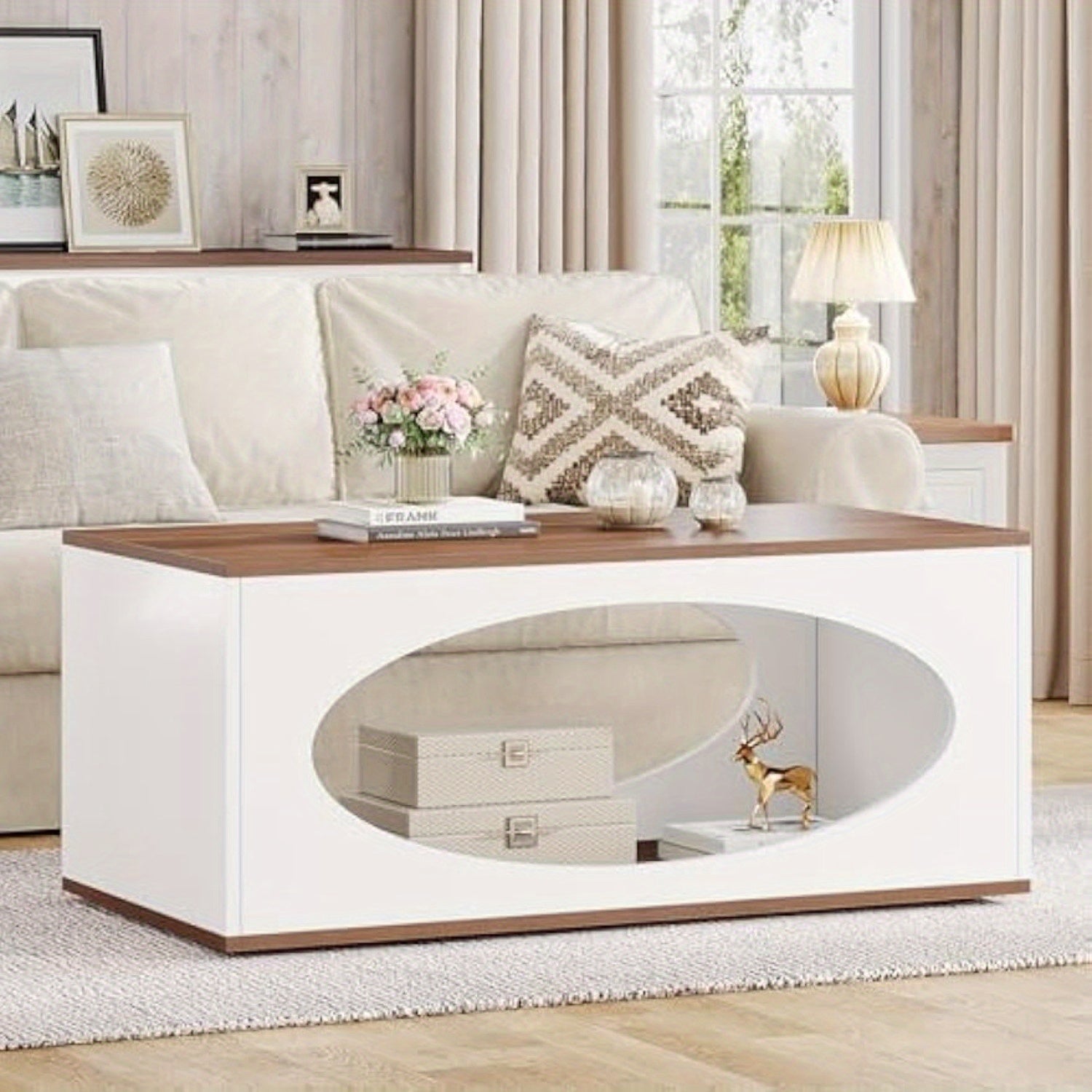 122cm Wooden Coffee Table with Storage Farmhouse Rectangle Center Table for Living Room Tea Table with Open Shelf