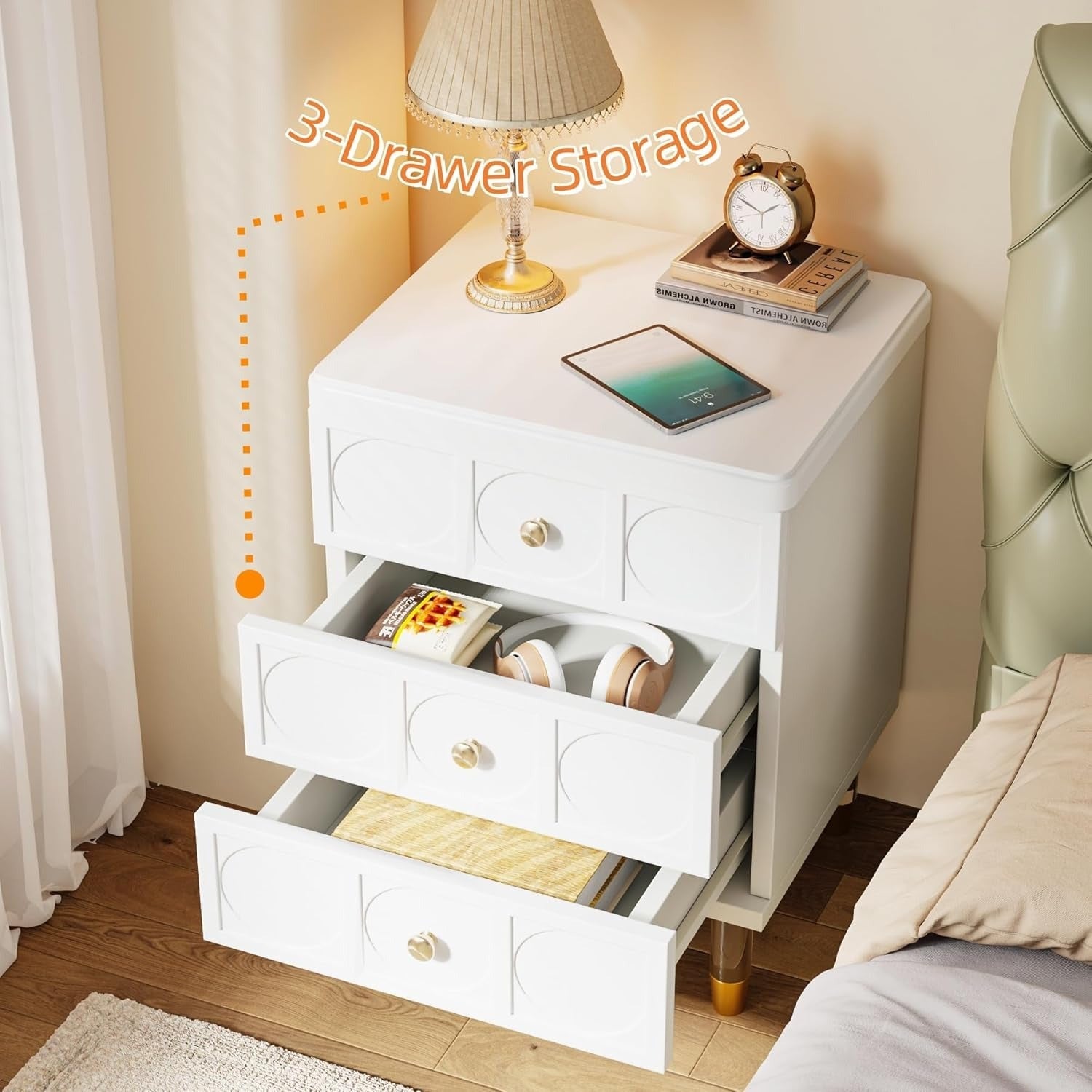 Bedside Table with 3 Drawers, White file cabinet, Modern Night Stand Dresser for Bedroom, Night Table Side Table with Storage and Gold Legs for Dorm