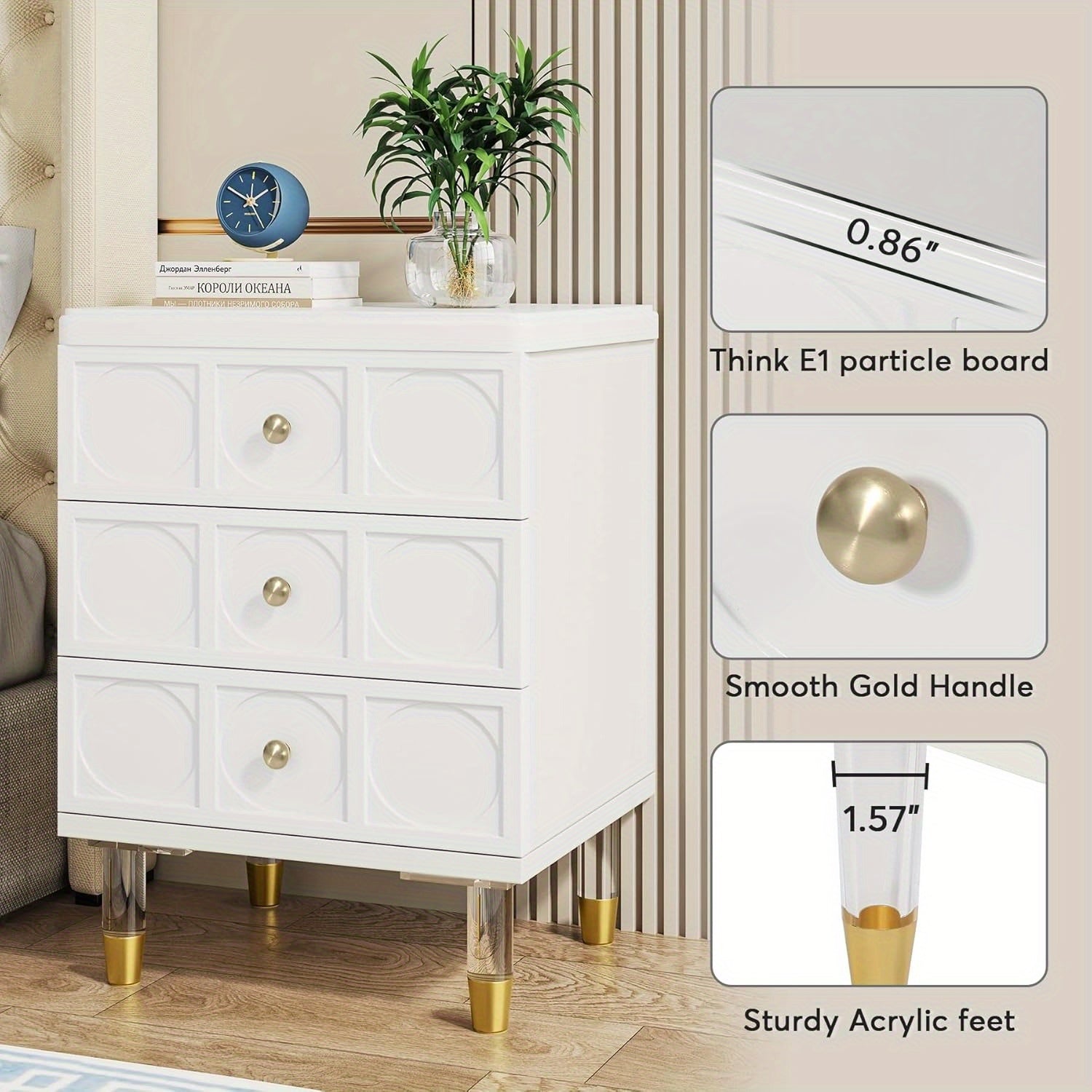 Bedside Table with 3 Drawers, White file cabinet, Modern Night Stand Dresser for Bedroom, Night Table Side Table with Storage and Gold Legs for Dorm