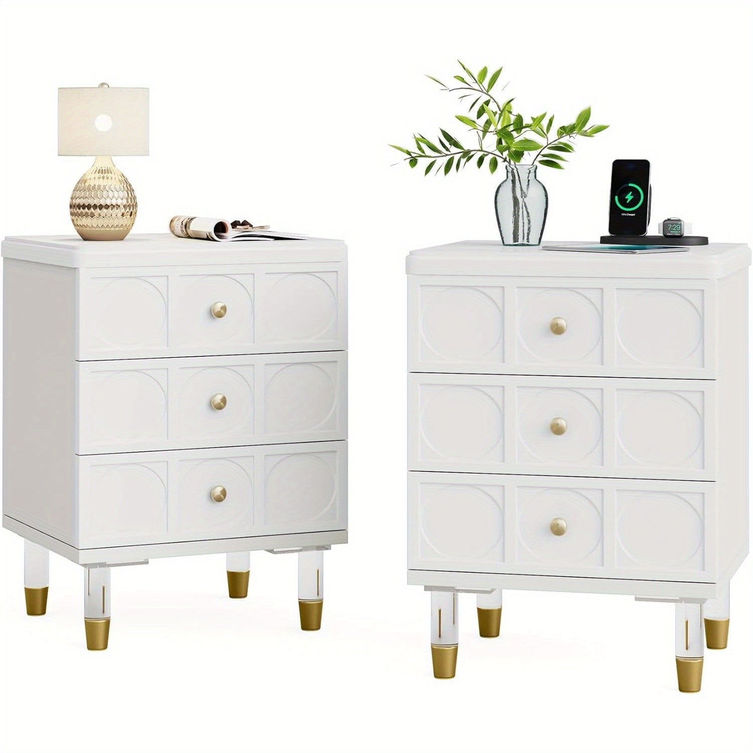 Bedside Table with 3 Drawers, White file cabinet, Modern Night Stand Dresser for Bedroom, Night Table Side Table with Storage and Gold Legs for Dorm