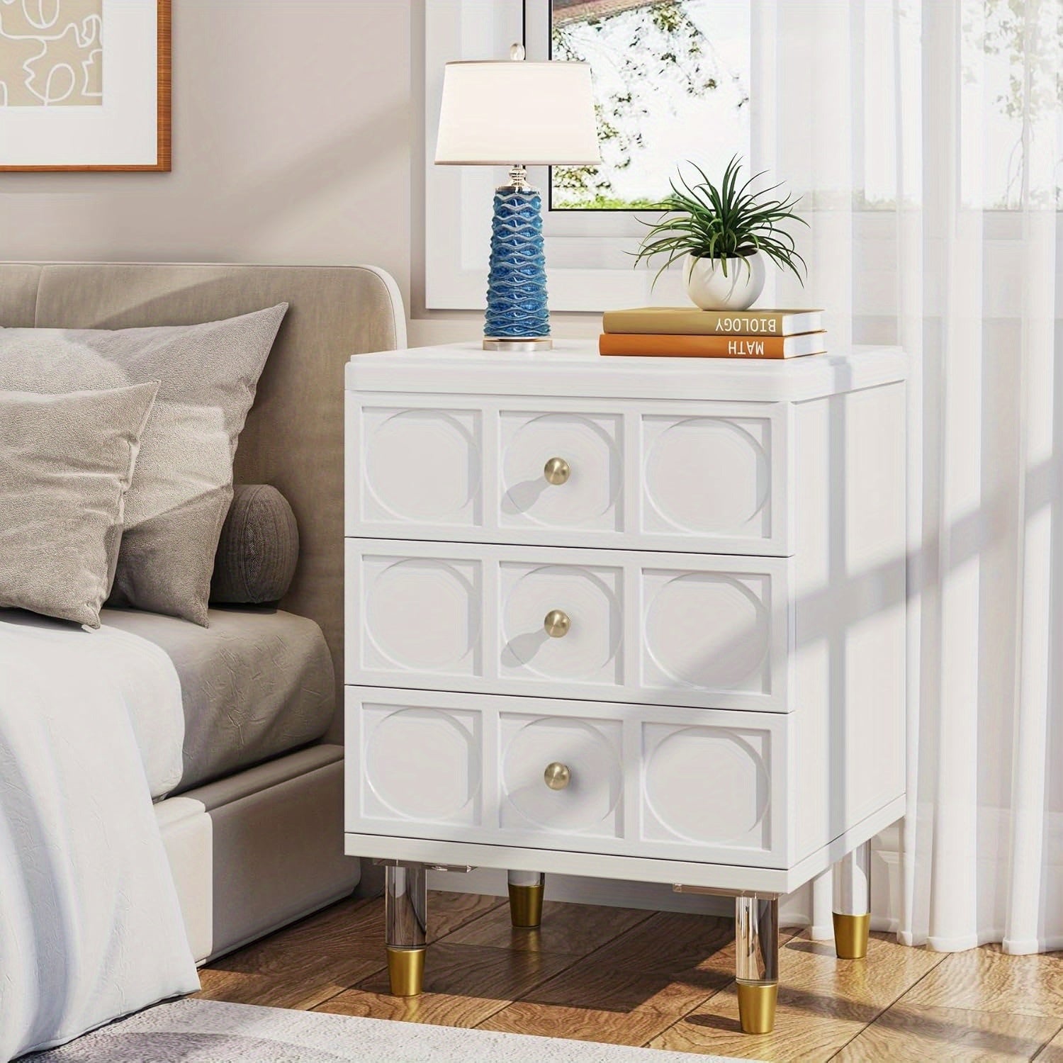 Bedside Table with 3 Drawers, White file cabinet, Modern Night Stand Dresser for Bedroom, Night Table Side Table with Storage and Gold Legs for Dorm