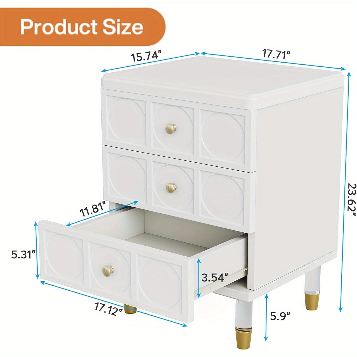 Bedside Table with 3 Drawers, White file cabinet, Modern Night Stand Dresser for Bedroom, Night Table Side Table with Storage and Gold Legs for Dorm