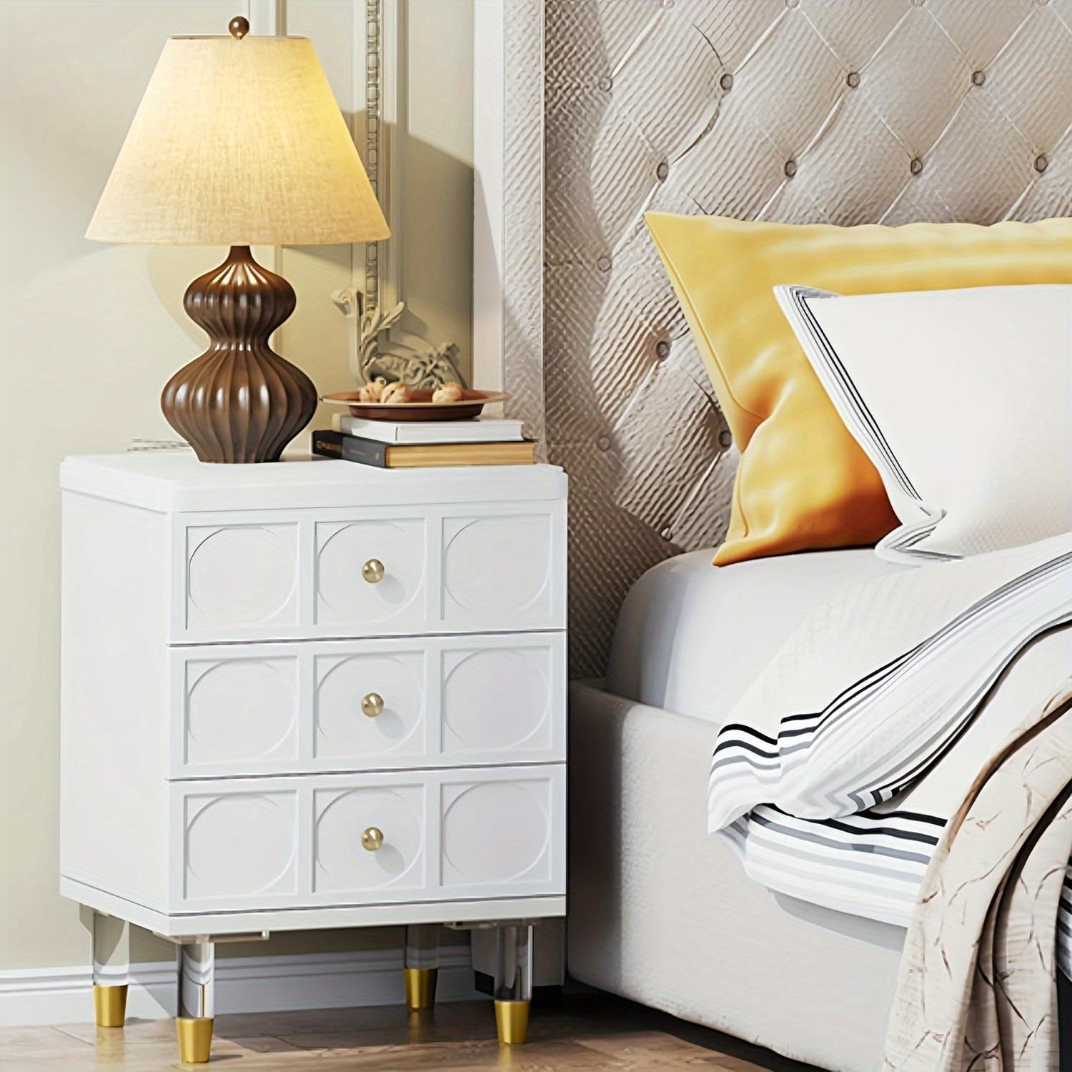 Bedside Table with 3 Drawers, White file cabinet, Modern Night Stand Dresser for Bedroom, Night Table Side Table with Storage and Gold Legs for Dorm