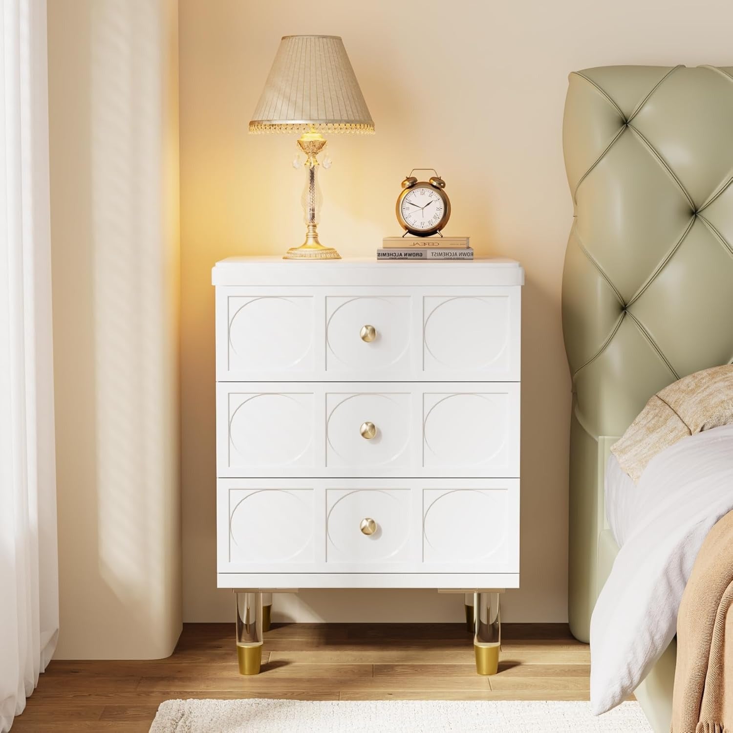 Bedside Table with 3 Drawers, White file cabinet, Modern Night Stand Dresser for Bedroom, Night Table Side Table with Storage and Gold Legs for Dorm