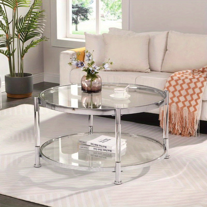 Contemporary Acrylic Coffee Table, 32.3FTFT Round Tempered Glass Coffee Table, Chrome/Silver  Coffee Table for Living Room