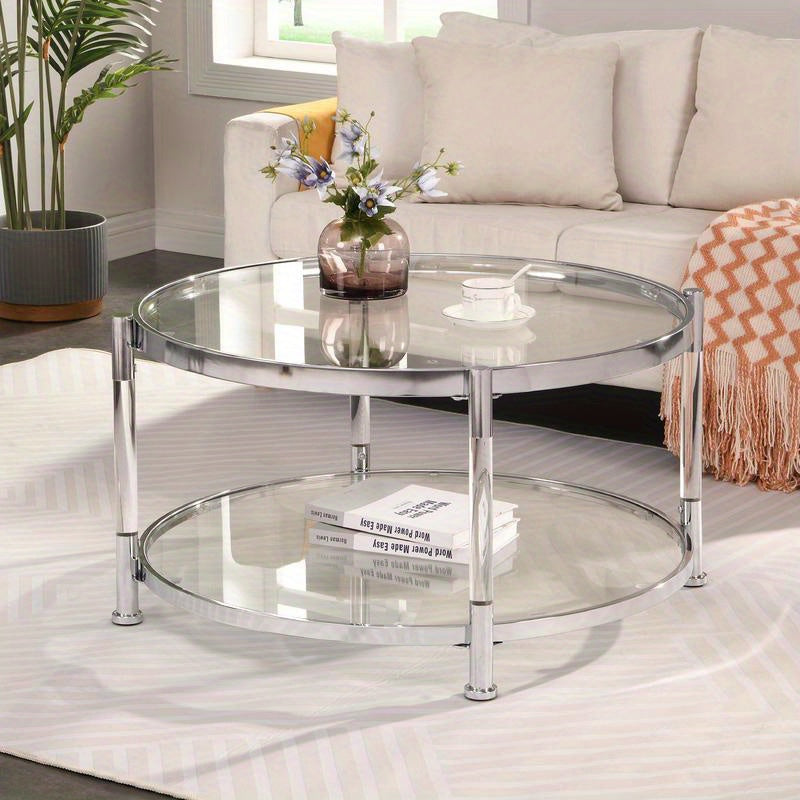 Contemporary Acrylic Coffee Table, 32.3FTFT Round Tempered Glass Coffee Table, Chrome/Silver  Coffee Table for Living Room