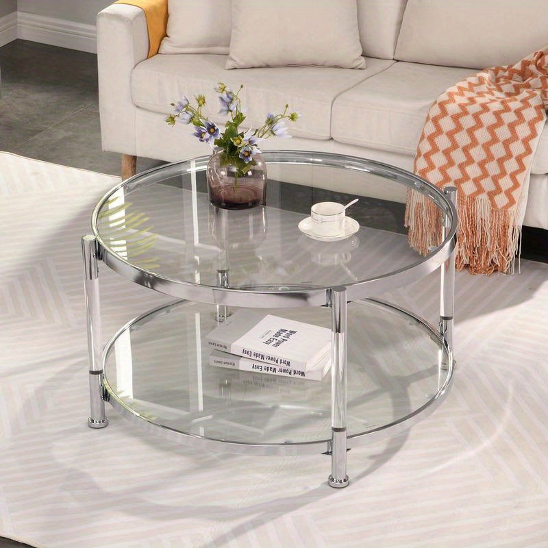 Contemporary Acrylic Coffee Table, 32.3FTFT Round Tempered Glass Coffee Table, Chrome/Silver  Coffee Table for Living Room