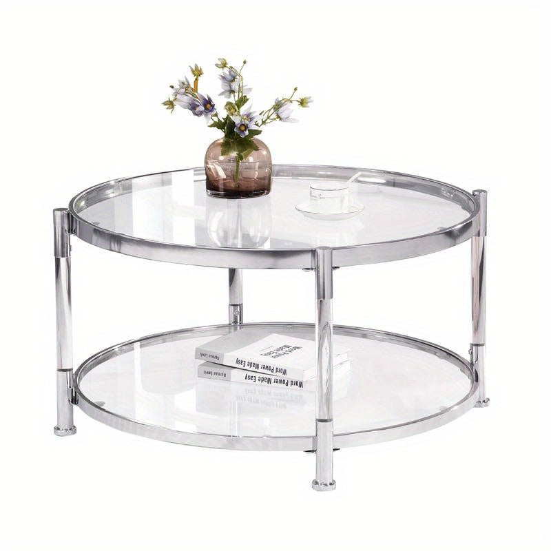 Contemporary Acrylic Coffee Table, 32.3FTFT Round Tempered Glass Coffee Table, Chrome/Silver  Coffee Table for Living Room