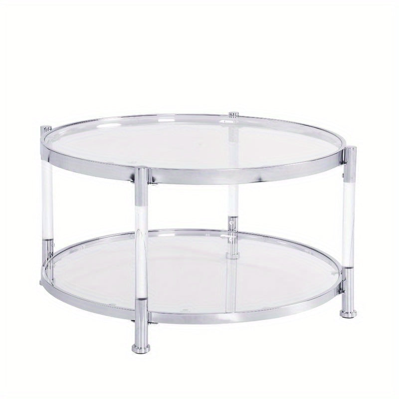 Contemporary Acrylic Coffee Table, 32.3FTFT Round Tempered Glass Coffee Table, Chrome/Silver  Coffee Table for Living Room