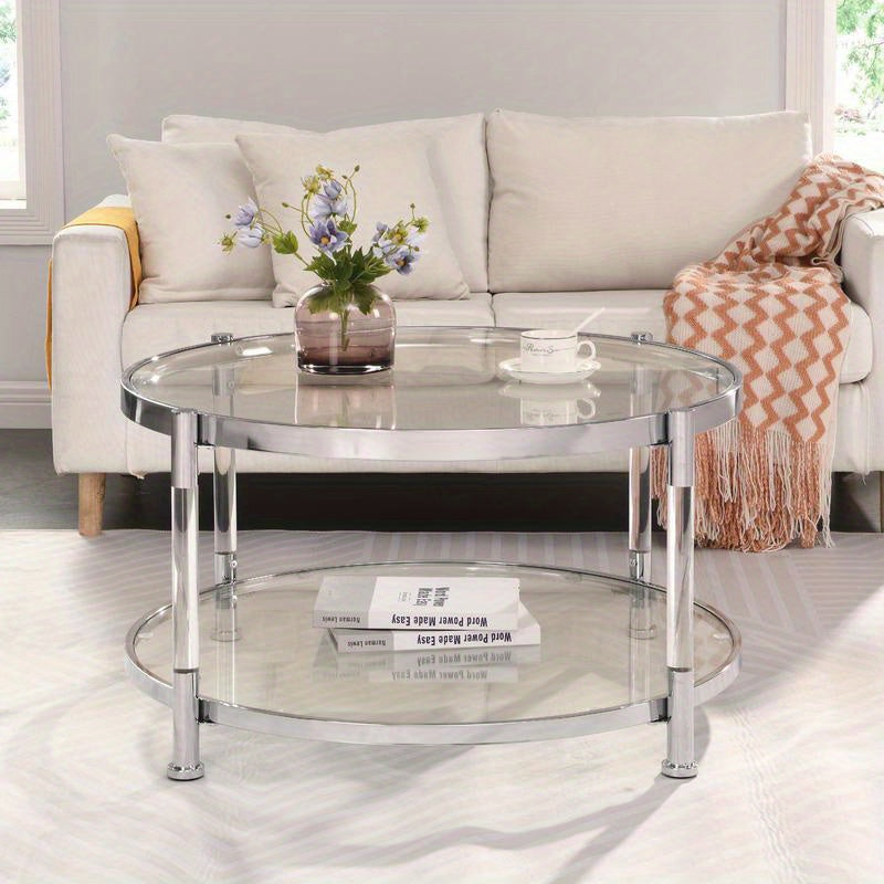 Contemporary Acrylic Coffee Table, 32.3FTFT Round Tempered Glass Coffee Table, Chrome/Silver  Coffee Table for Living Room