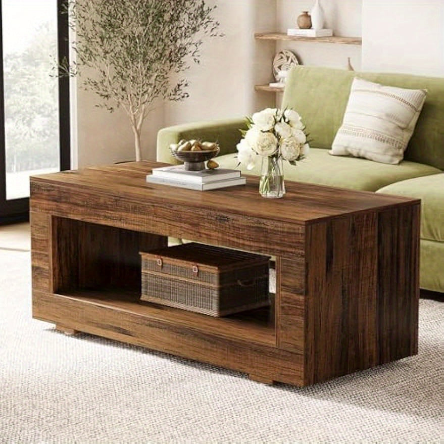 110cm Modern Farmhouse Coffee Table with Storage Coffee Table for Living Room 2-Tier Wood Rectangular Center Table