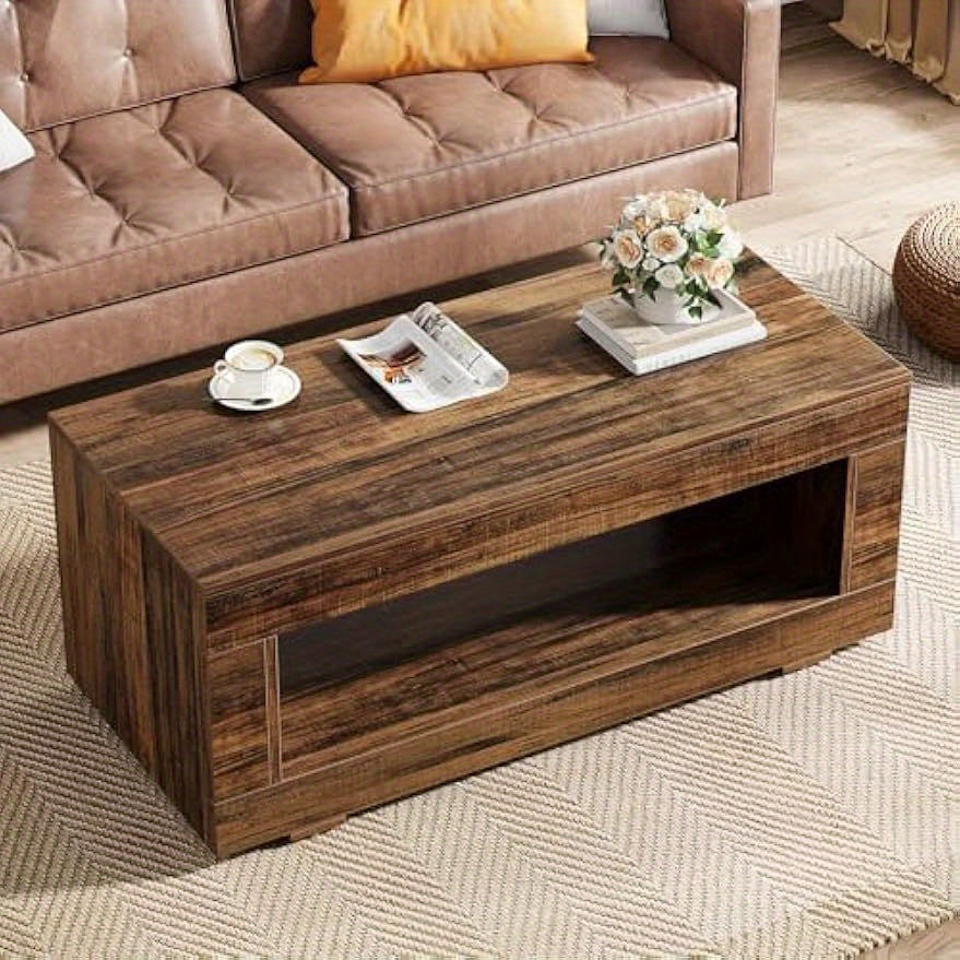 110cm Modern Farmhouse Coffee Table with Storage Coffee Table for Living Room 2-Tier Wood Rectangular Center Table