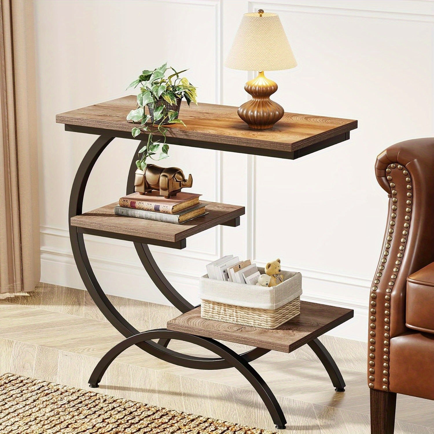 C-Shaped End Table, Industrial 3-Tier Small Side Table for Couch, Wood Bedside Table Snack Side Table with Storage Shelves for Living Room Small Space, Dark Brown