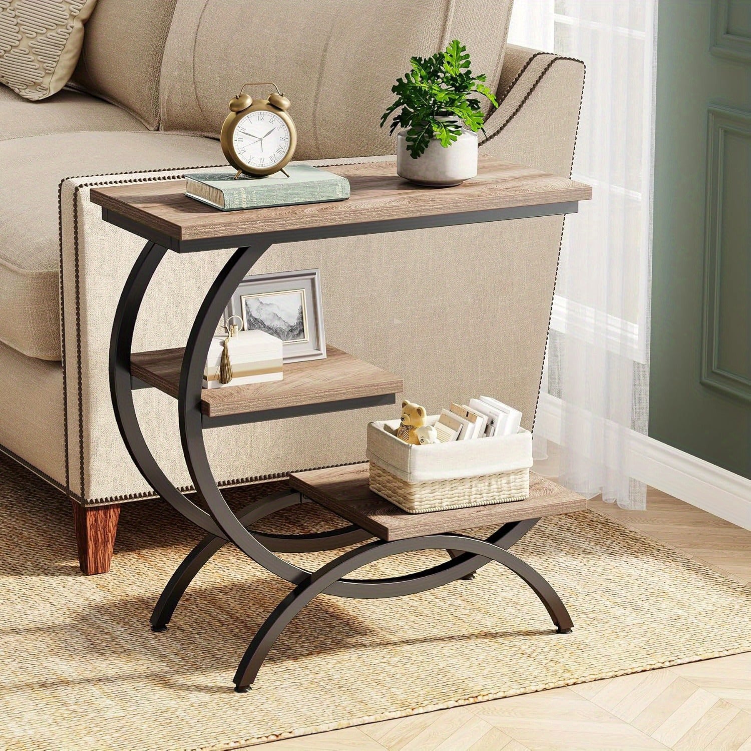 C-Shaped End Table, Industrial 3-Tier Small Side Table for Couch, Wood Bedside Table Snack Side Table with Storage Shelves for Living Room Small Space, Dark Brown