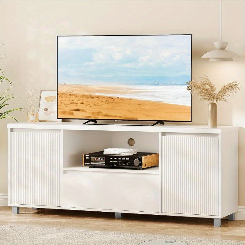 MERXENG Fluted TV Stand for 65 Inch TV, Entertainment Center with Storage Drawer and Open Shelf, Modern TV Media Console Cabinet Furniture for Living Room, Bedroom, White