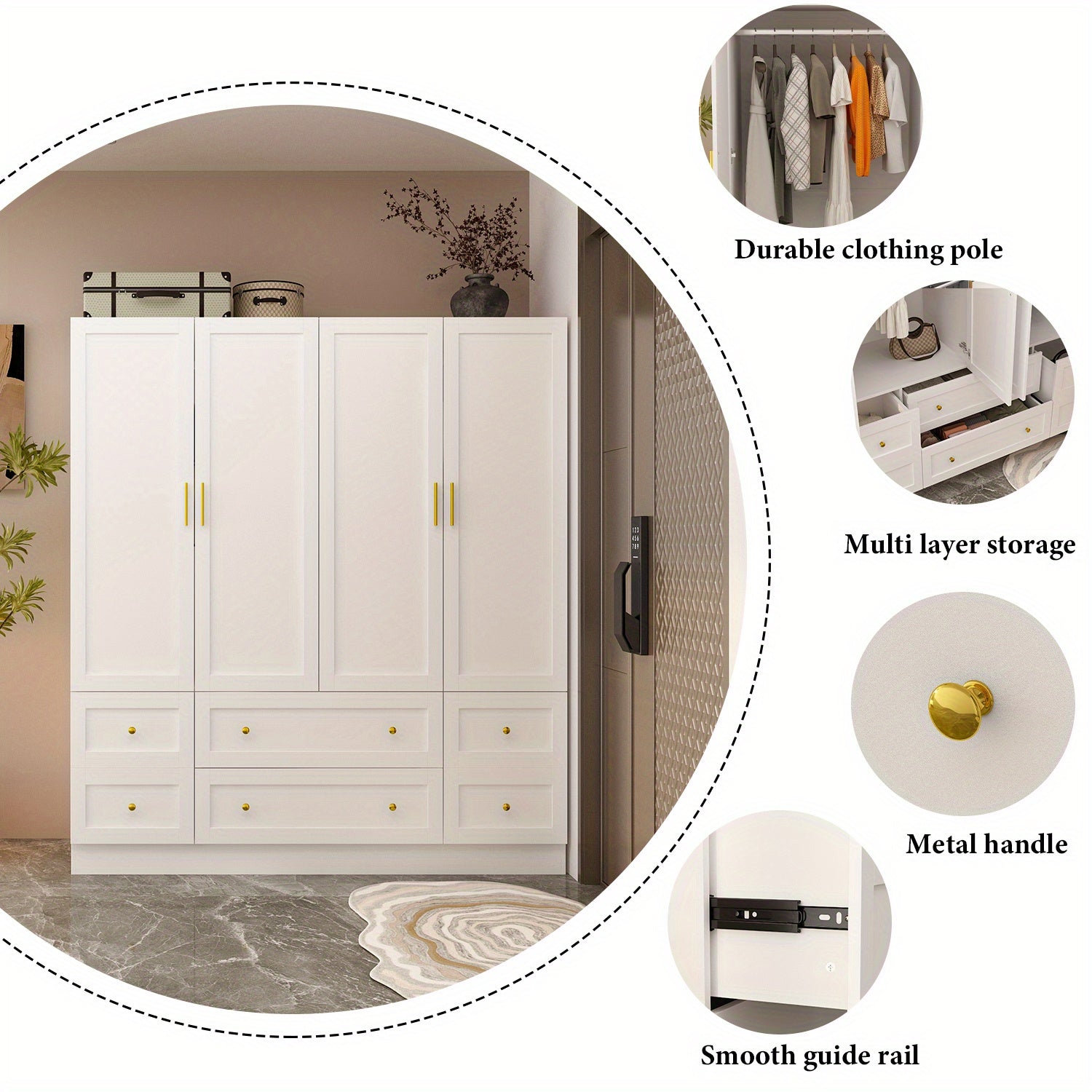 Modern White Wooden Wardrobe Armoire Closet with 6 Drawers, Storage Shelves & Hanging Rods - Floor Mount Bedroom Organizer, Large Capacity Under 3.2 Cubic Feet, Independent Design, No Electricity Needed