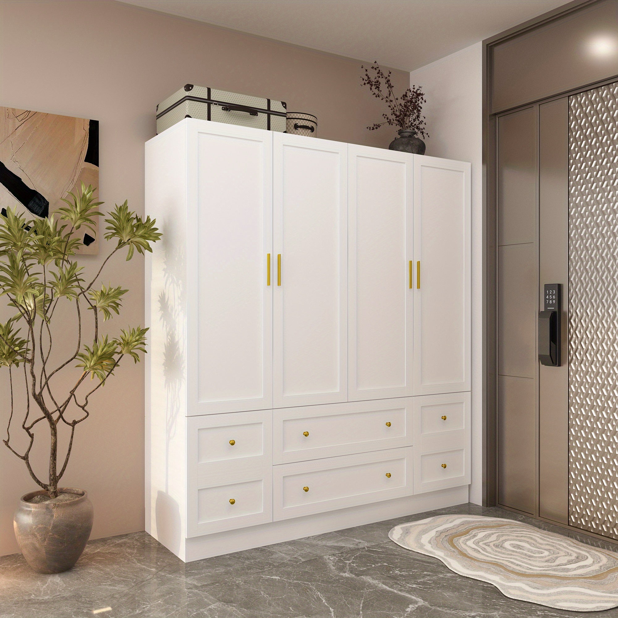 Modern White Wooden Wardrobe Armoire Closet with 6 Drawers, Storage Shelves & Hanging Rods - Floor Mount Bedroom Organizer, Large Capacity Under 3.2 Cubic Feet, Independent Design, No Electricity Needed