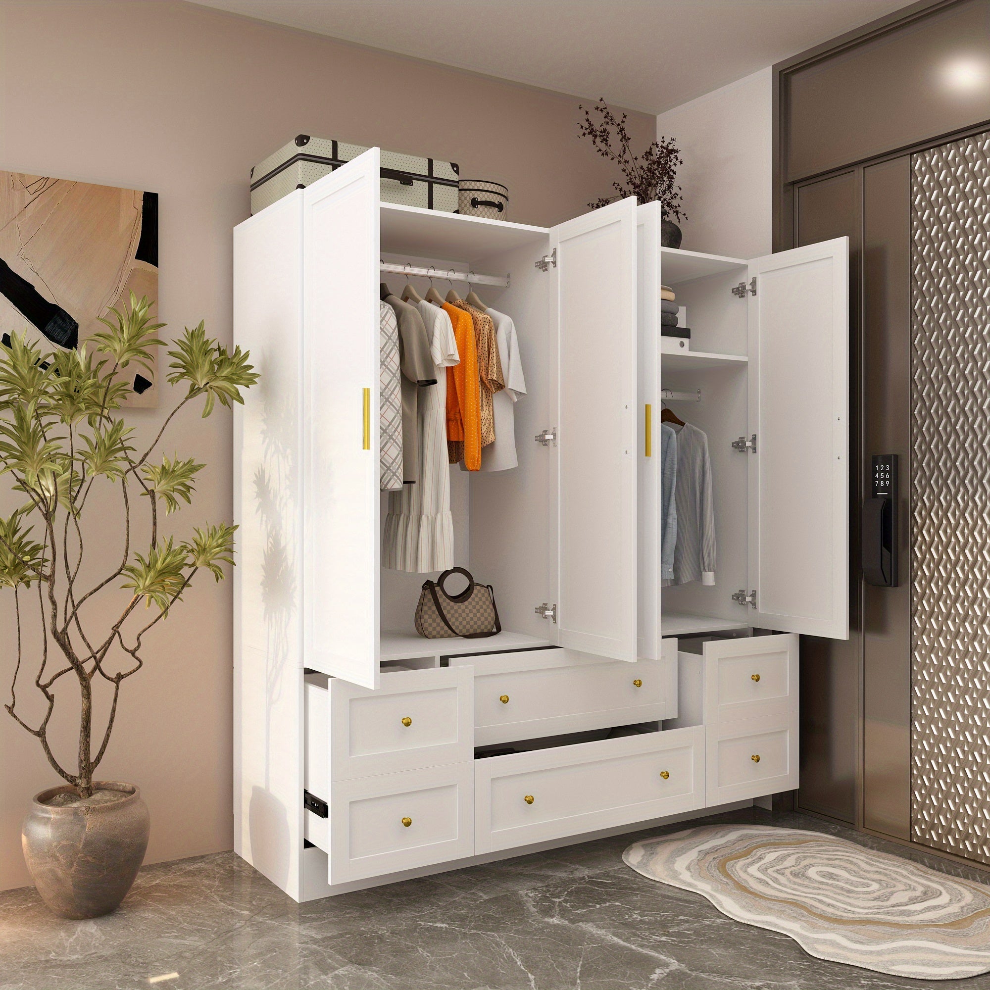 Modern White Wooden Wardrobe Armoire Closet with 6 Drawers, Storage Shelves & Hanging Rods - Floor Mount Bedroom Organizer, Large Capacity Under 3.2 Cubic Feet, Independent Design, No Electricity Needed