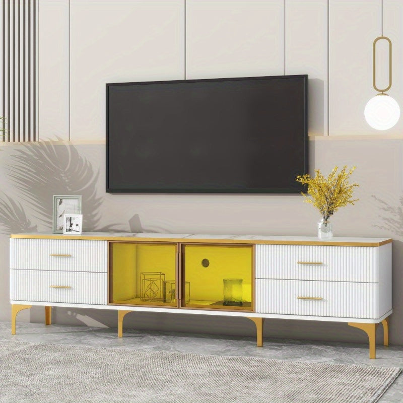 Stylish LED TV Stand with Marble-veined Table Top for TVs Up to 78'', Entertainment Center with Brown Glass Storage Cabinet, Golden Legs & Handles for Living Room, White