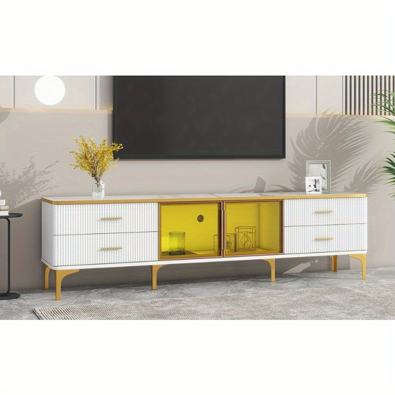 Stylish LED TV Stand with Marble-veined Table Top for TVs Up to 78'', Entertainment Center with Brown Glass Storage Cabinet, Golden Legs & Handles for Living Room, White