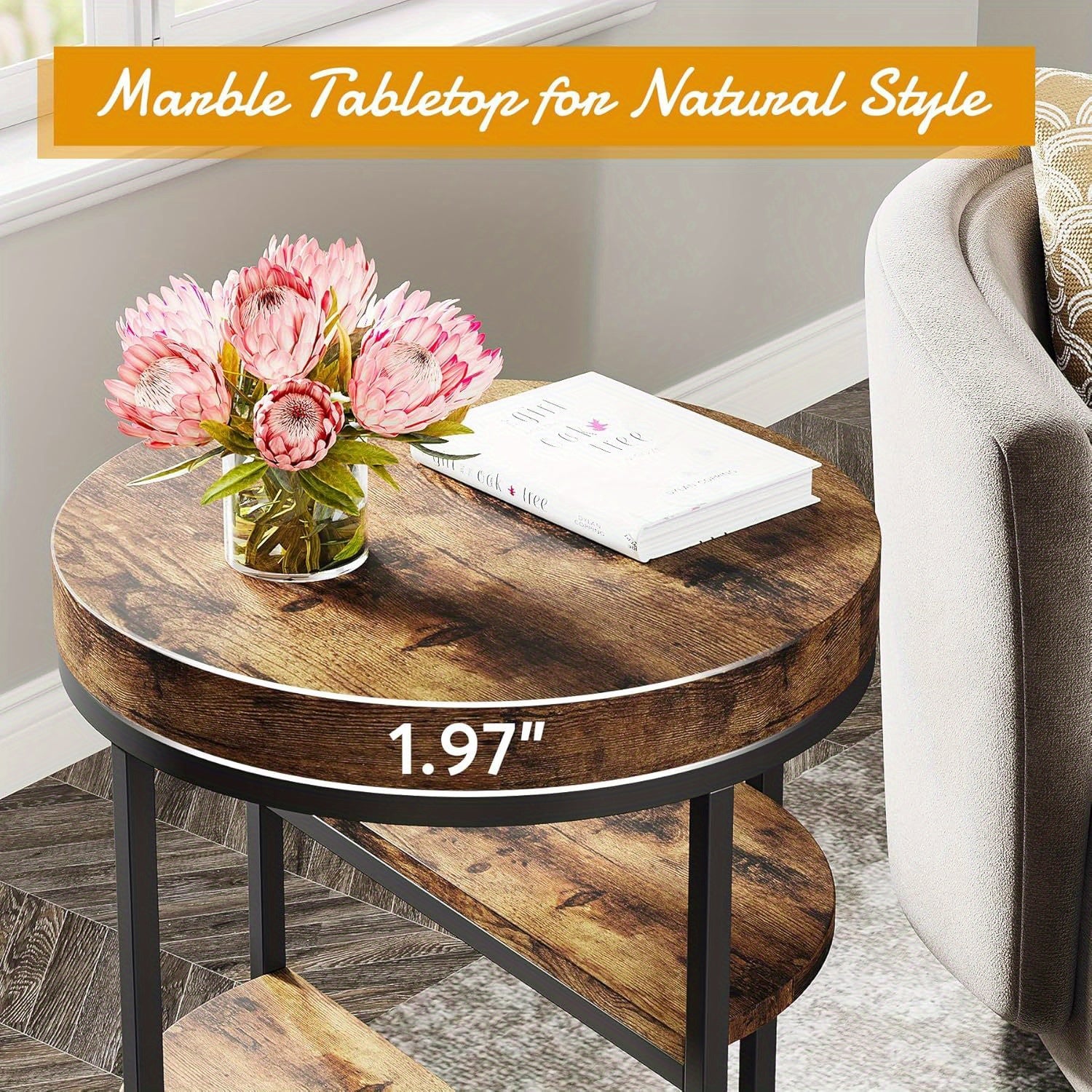 Round End Table, Small End Table with 3 Storage Shelves, Wood Side Table for Small Spaces, Industrial Sofa Side Table for Living Room, Rustic Brown Nightstand and Bedside Table for Bedroom