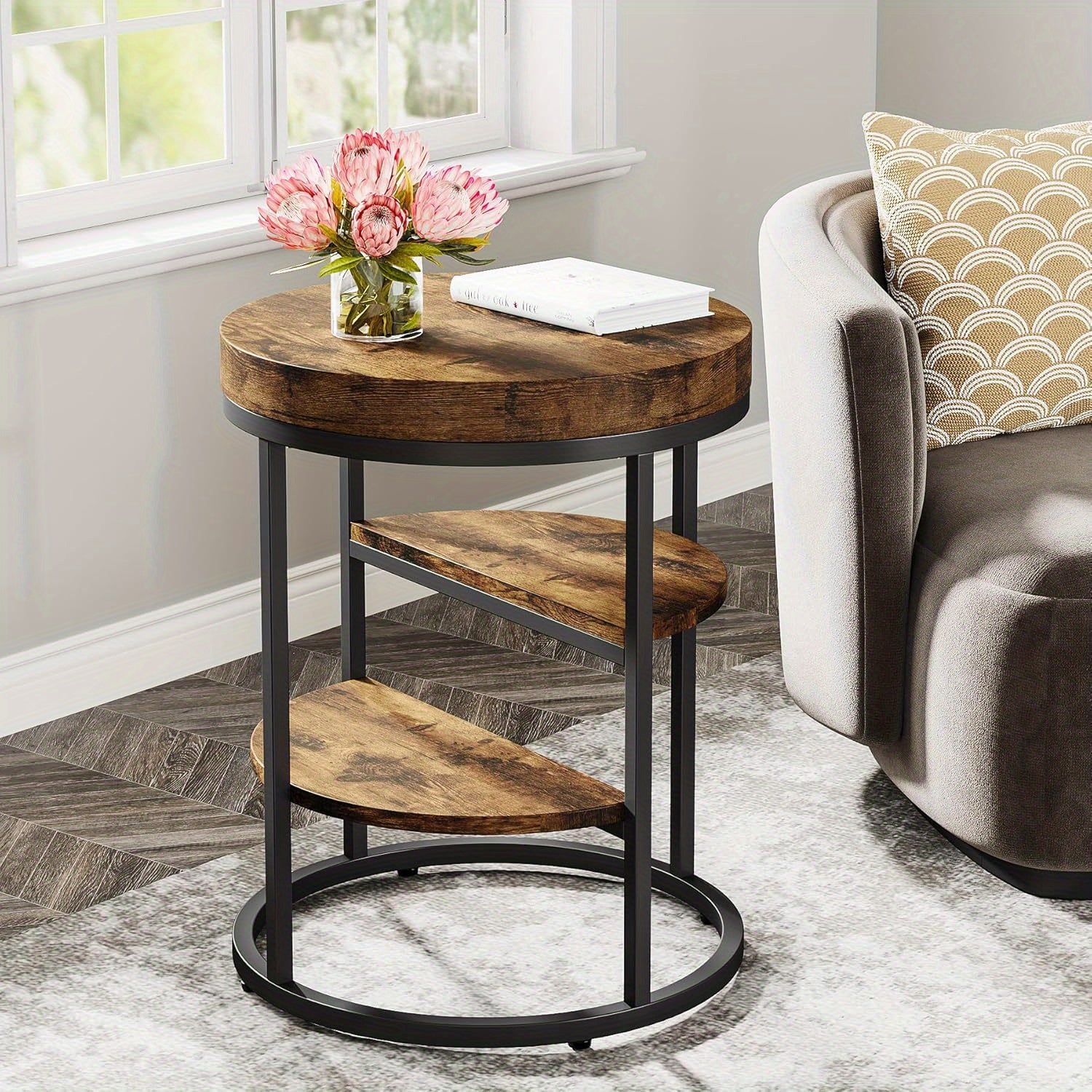 Round End Table, Small End Table with 3 Storage Shelves, Wood Side Table for Small Spaces, Industrial Sofa Side Table for Living Room, Rustic Brown Nightstand and Bedside Table for Bedroom