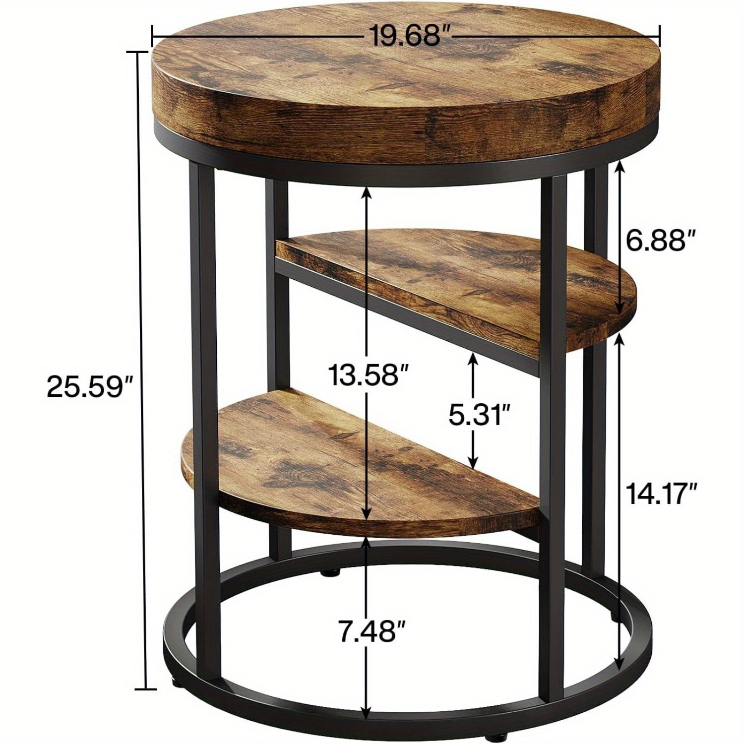 Round End Table, Small End Table with 3 Storage Shelves, Wood Side Table for Small Spaces, Industrial Sofa Side Table for Living Room, Rustic Brown Nightstand and Bedside Table for Bedroom