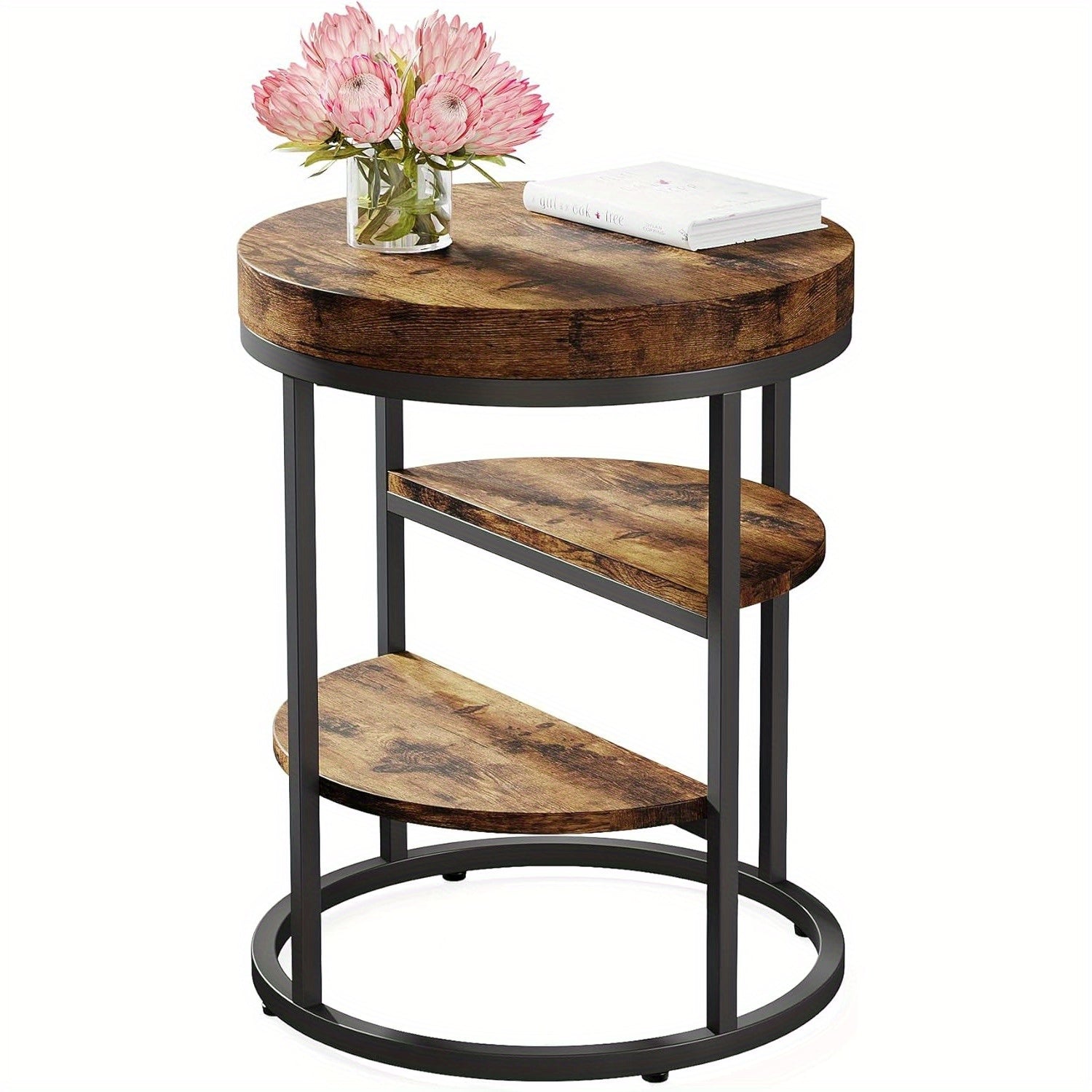 Round End Table, Small End Table with 3 Storage Shelves, Wood Side Table for Small Spaces, Industrial Sofa Side Table for Living Room, Rustic Brown Nightstand and Bedside Table for Bedroom