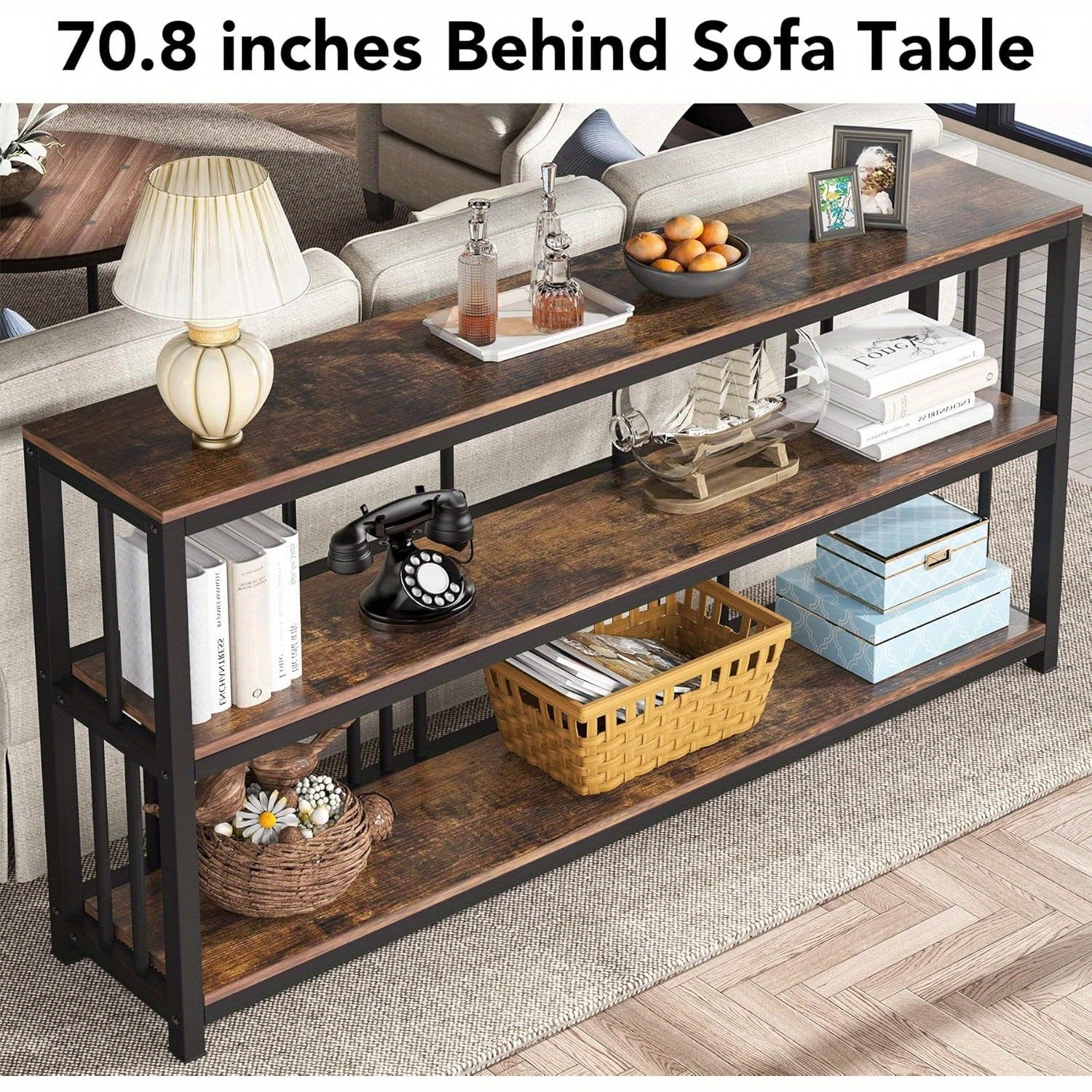 3 Tiers Sofa Table, Narrow Long Sofa Table with Storage Shelves, 71" Industrial Console Table, Big Rustic Entryway Table, Large Hallway Table, Behind Couch Table with Storage