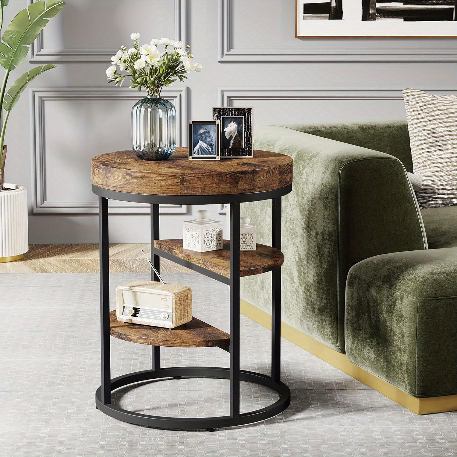 Round End Table, Small End Table with 3 Storage Shelves, Wood Side Table for Small Spaces, Industrial Sofa Side Table for Living Room, Rustic Brown Nightstand and Bedside Table for Bedroom