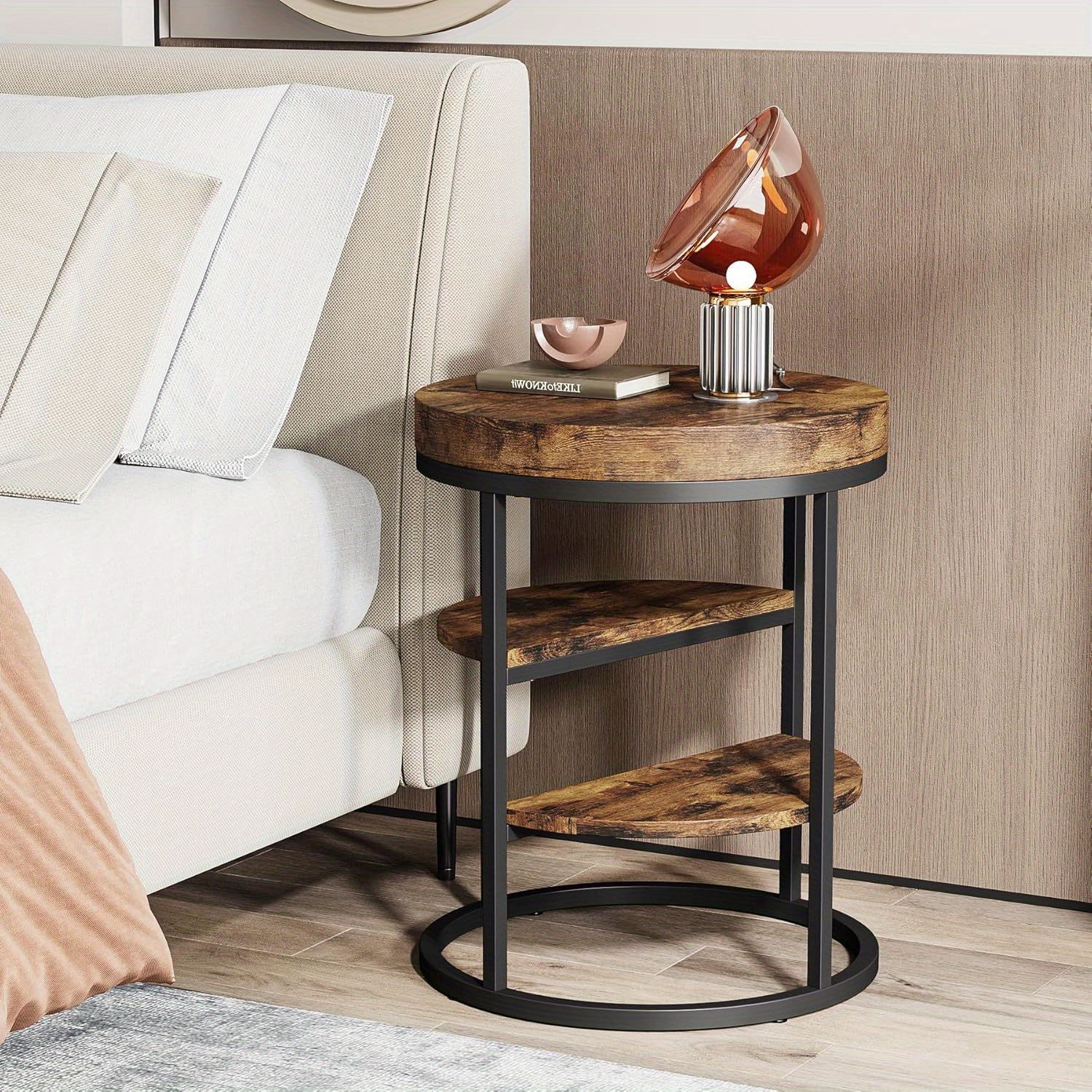 Round End Table, Small End Table with 3 Storage Shelves, Wood Side Table for Small Spaces, Industrial Sofa Side Table for Living Room, Rustic Brown Nightstand and Bedside Table for Bedroom