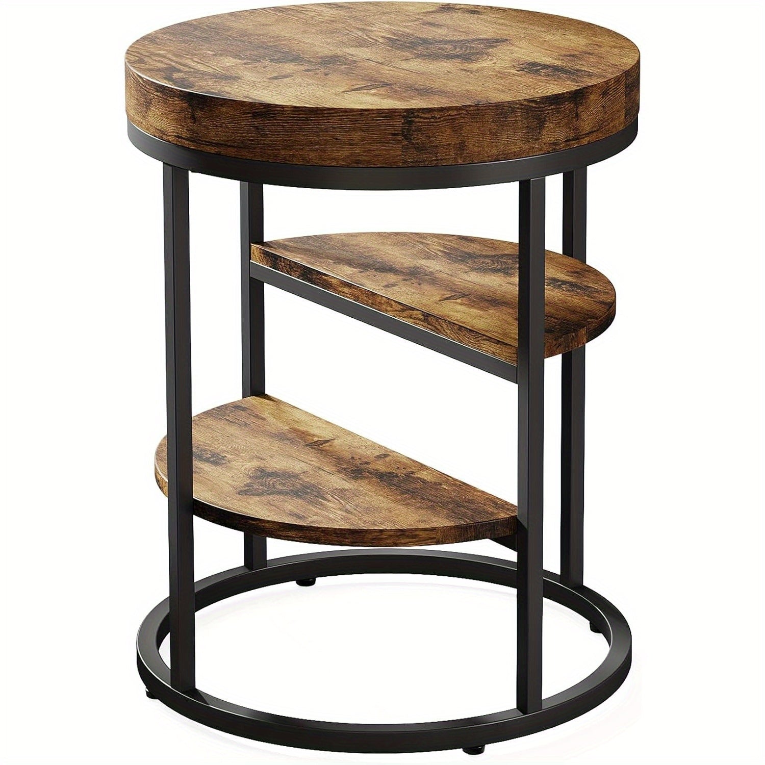 Round End Table, Small End Table with 3 Storage Shelves, Wood Side Table for Small Spaces, Industrial Sofa Side Table for Living Room, Rustic Brown Nightstand and Bedside Table for Bedroom