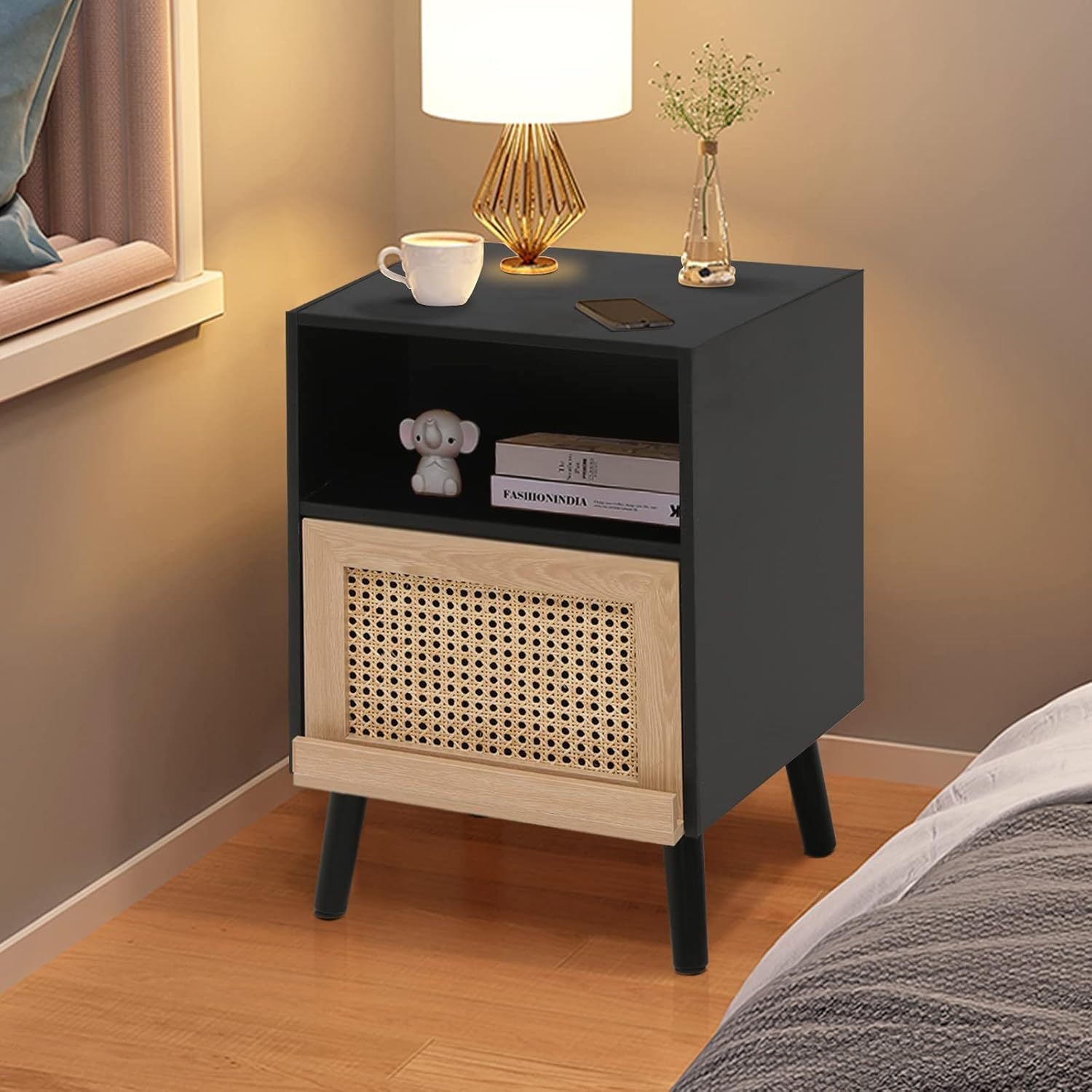 Rattan Nightstand Set of 2, Wooden End Side Table, Bedside Table with Open Storage Shelve and Door, Night Stands for Bedroom Living Room 2-Pack