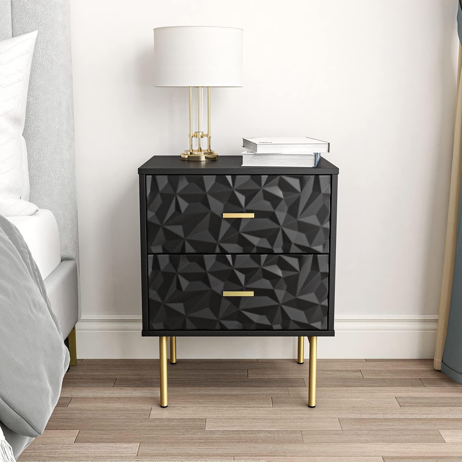 Modern Nightstand with 2 Drawers, 19.7" W Bedside Table 2 Drawer Dresser with Embossed Pattern, Storage End Table with Metal Legs for Bedroom & Living Room