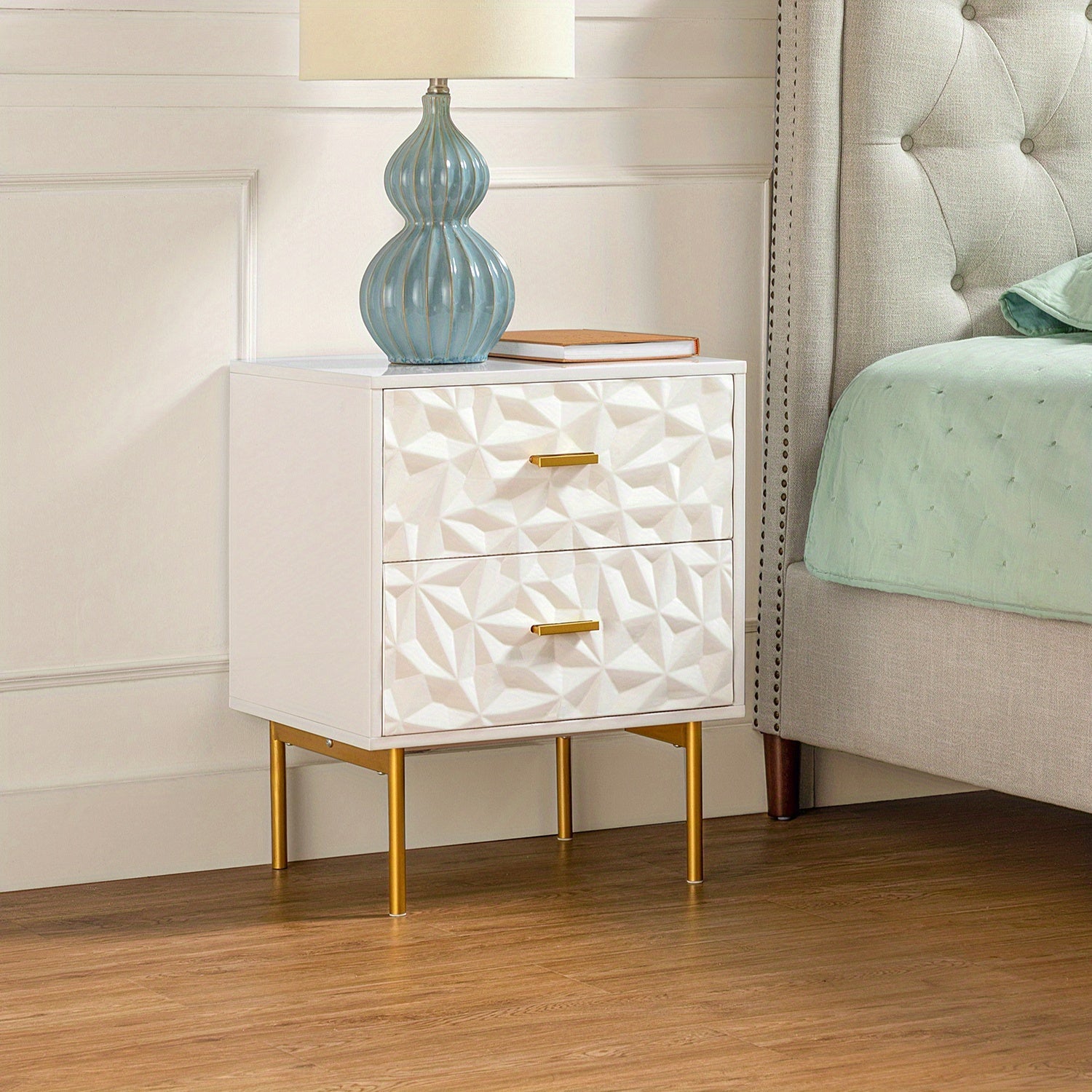 Modern Nightstand with 2 Drawers, 19.7" W Bedside Table 2 Drawer Dresser with Embossed Pattern, Storage End Table with Metal Legs for Bedroom & Living Room