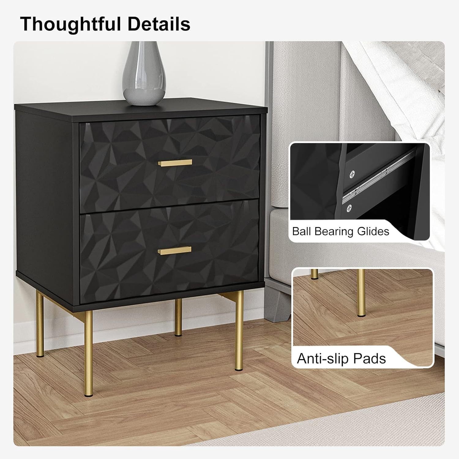 Modern Nightstand with 2 Drawers, 19.7" W Bedside Table 2 Drawer Dresser with Embossed Pattern, Storage End Table with Metal Legs for Bedroom & Living Room