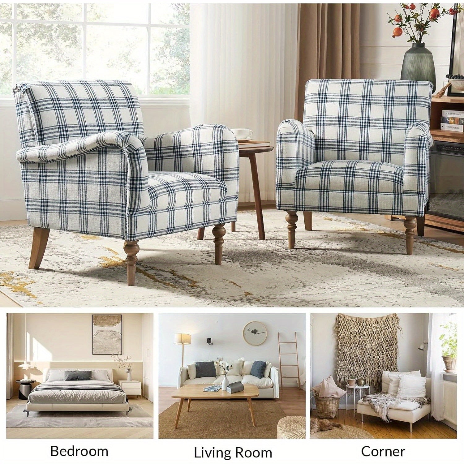 Modern Accent Chair With Arms And Wooden Legs, Stadium Seats For Sports Fields, Sport Event, Comfy Upholstered Armchair For Living Room, Bedroom, Plaid Pattern