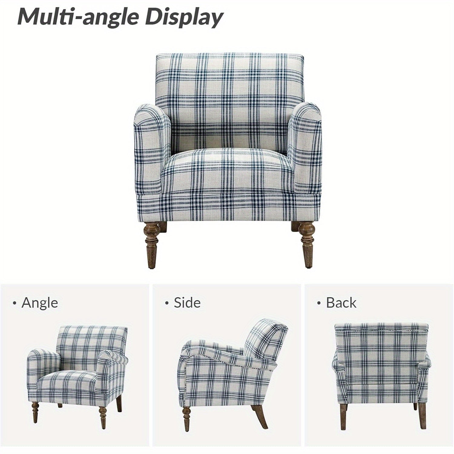 Modern Accent Chair With Arms And Wooden Legs, Stadium Seats For Sports Fields, Sport Event, Comfy Upholstered Armchair For Living Room, Bedroom, Plaid Pattern