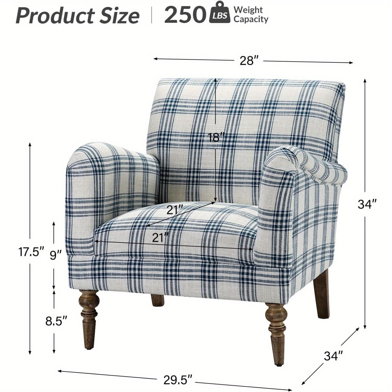 Modern Accent Chair With Arms And Wooden Legs, Stadium Seats For Sports Fields, Sport Event, Comfy Upholstered Armchair For Living Room, Bedroom, Plaid Pattern