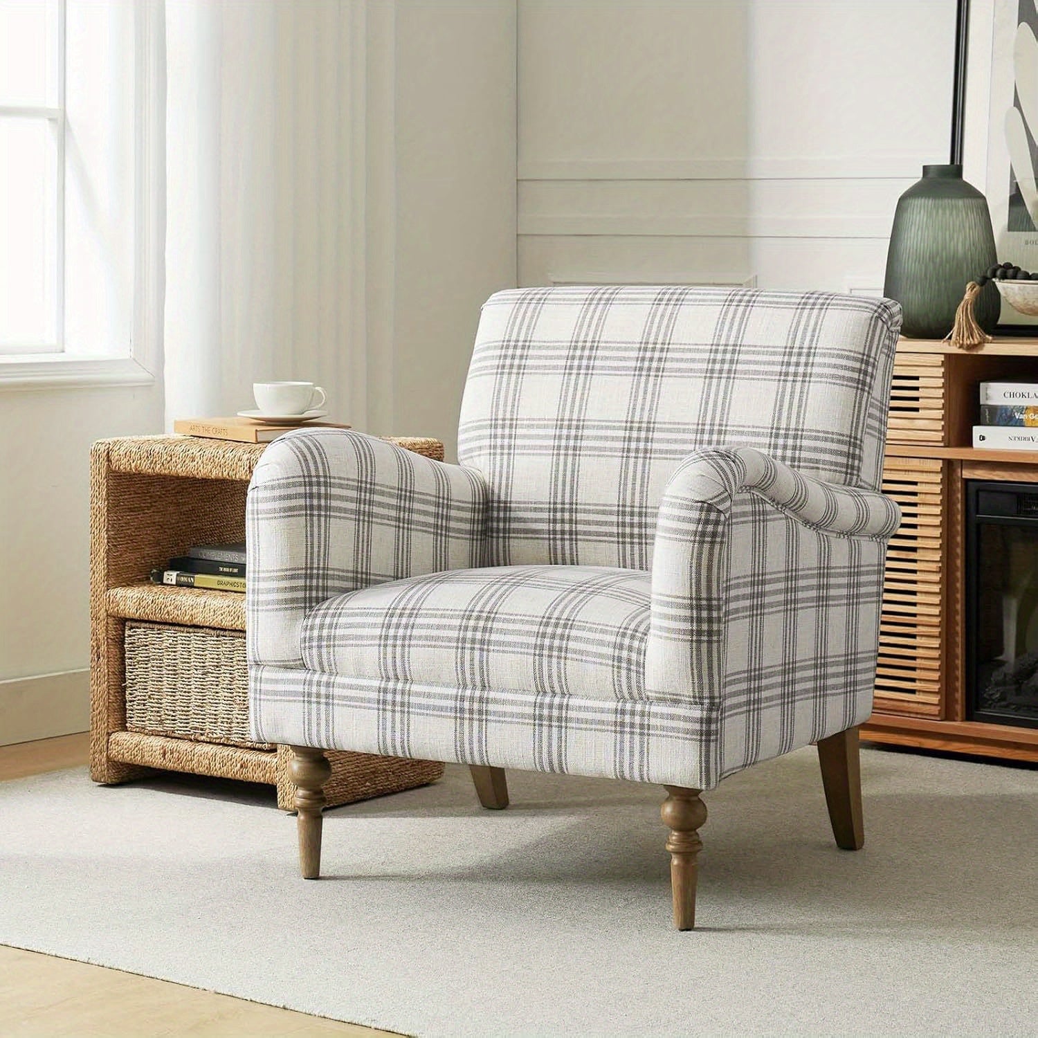 Modern Accent Chair With Arms And Wooden Legs, Stadium Seats For Sports Fields, Sport Event, Comfy Upholstered Armchair For Living Room, Bedroom, Plaid Pattern