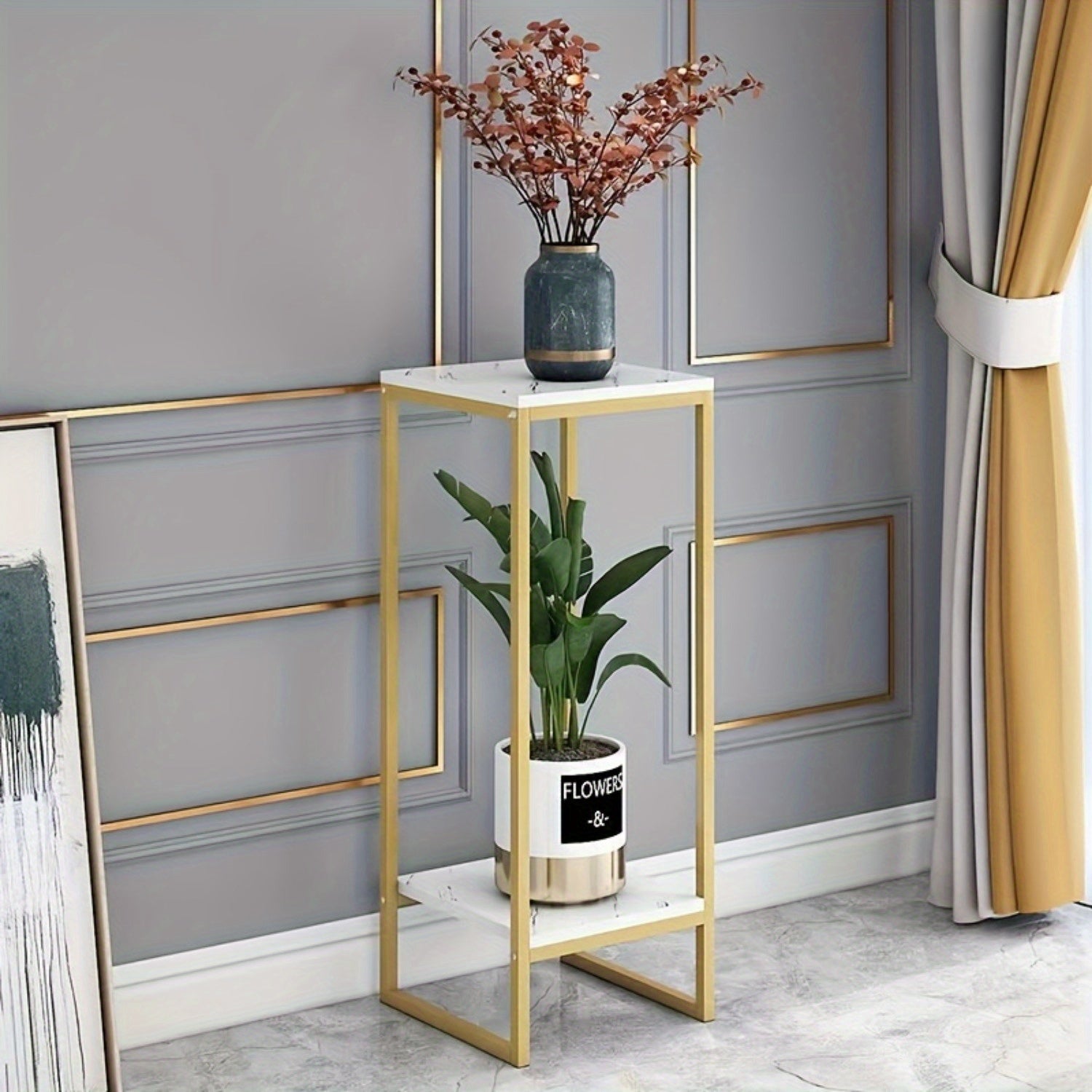 2-Tier Geometric Metal Plant Stand, Indoor Square Flower Holder with Multiple Shelves, Classic Design for Home Decor and Garden Display, Sturdy Golden Frame, White Ceramic Vase Included