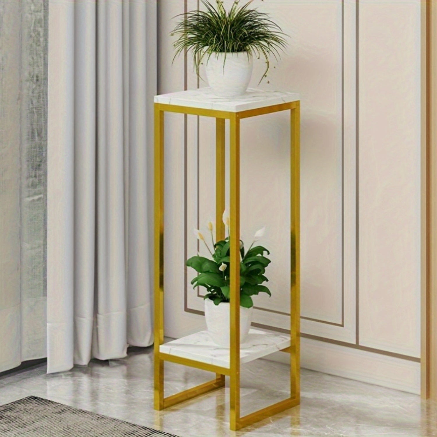 2-Tier Geometric Metal Plant Stand, Indoor Square Flower Holder with Multiple Shelves, Classic Design for Home Decor and Garden Display, Sturdy Golden Frame, White Ceramic Vase Included