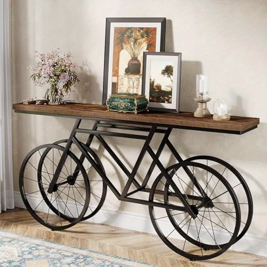 70.9-Inch Extra Long Console Table, Narrow Sofa Table with Bicycle Metal Base, Modern Industrial Entryway Table Behind Couch Table for Living Room, Hallway, Entrance, Foyer, Rustic Brown