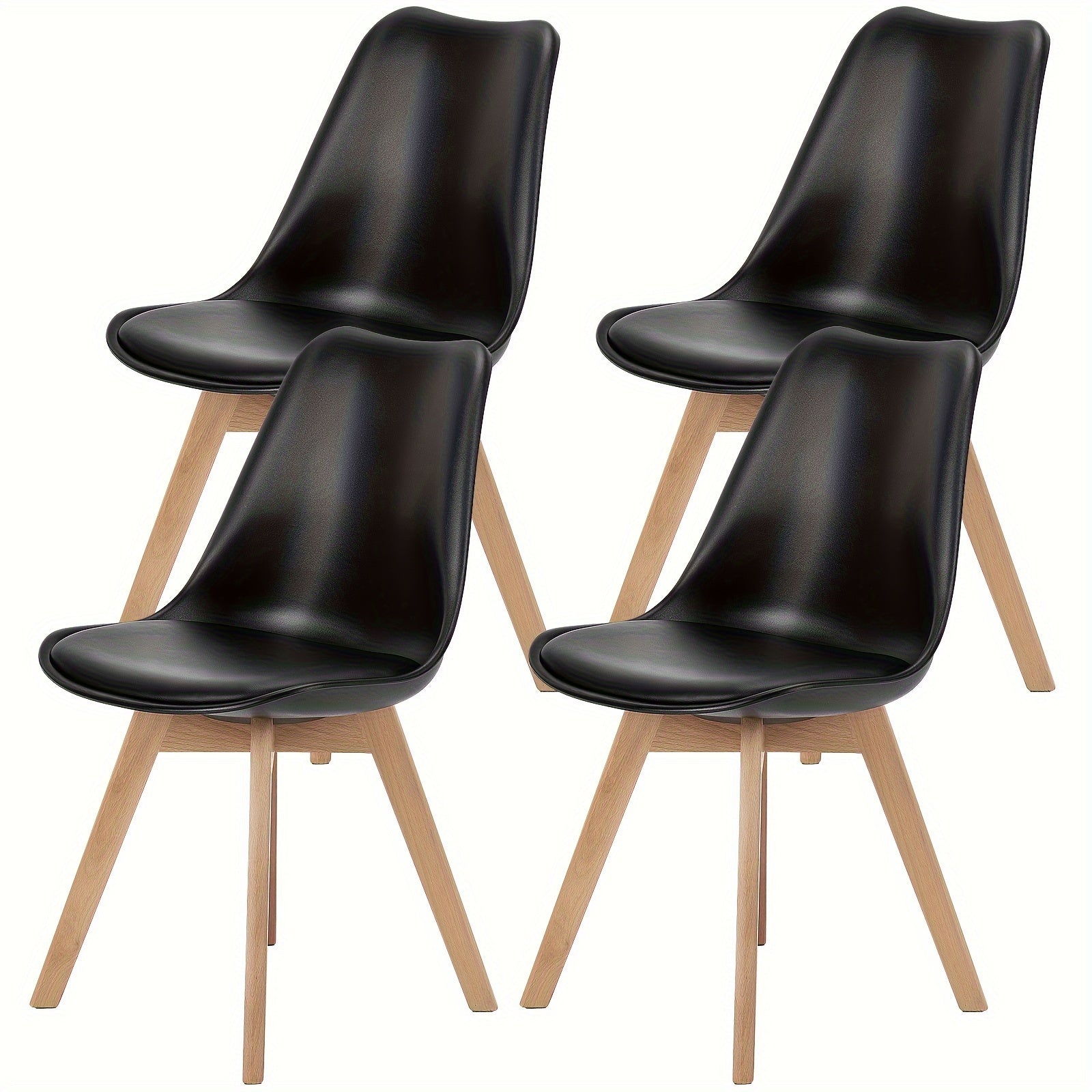 Set of 4 Mid-Century Modern Dining Kitchen Chairs - with Wooden Legs And Faux Leather Cushions for Living Room, Bedroom, Outdoor Lounge - Available in Black And White