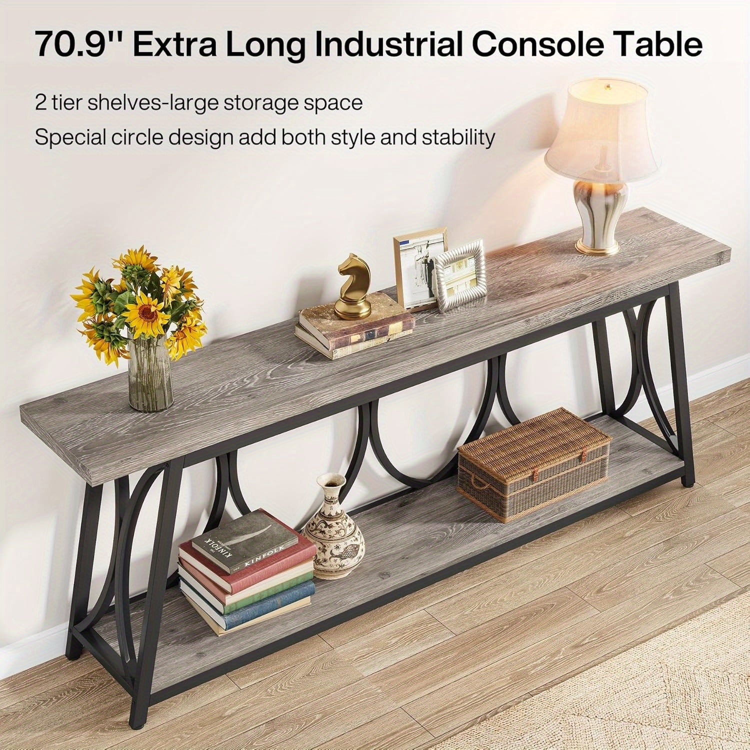 70.9 inch Modern Sofa Table Behind Couch with Storage Shelf, Extra Long Console Table, Narrow Entryway Hallway Accent Table for Living Room, Grey