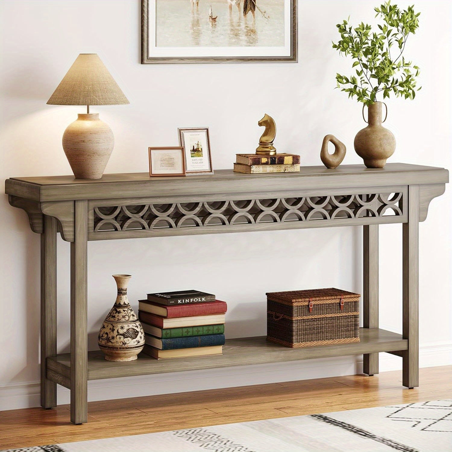 70.8-Inch Solid Wood Long Console Table, Farmhouse Entryway Table with Storage, Narrow Sofa Table Grey Couch Table for Living Room Entryway Hallway (Gray)