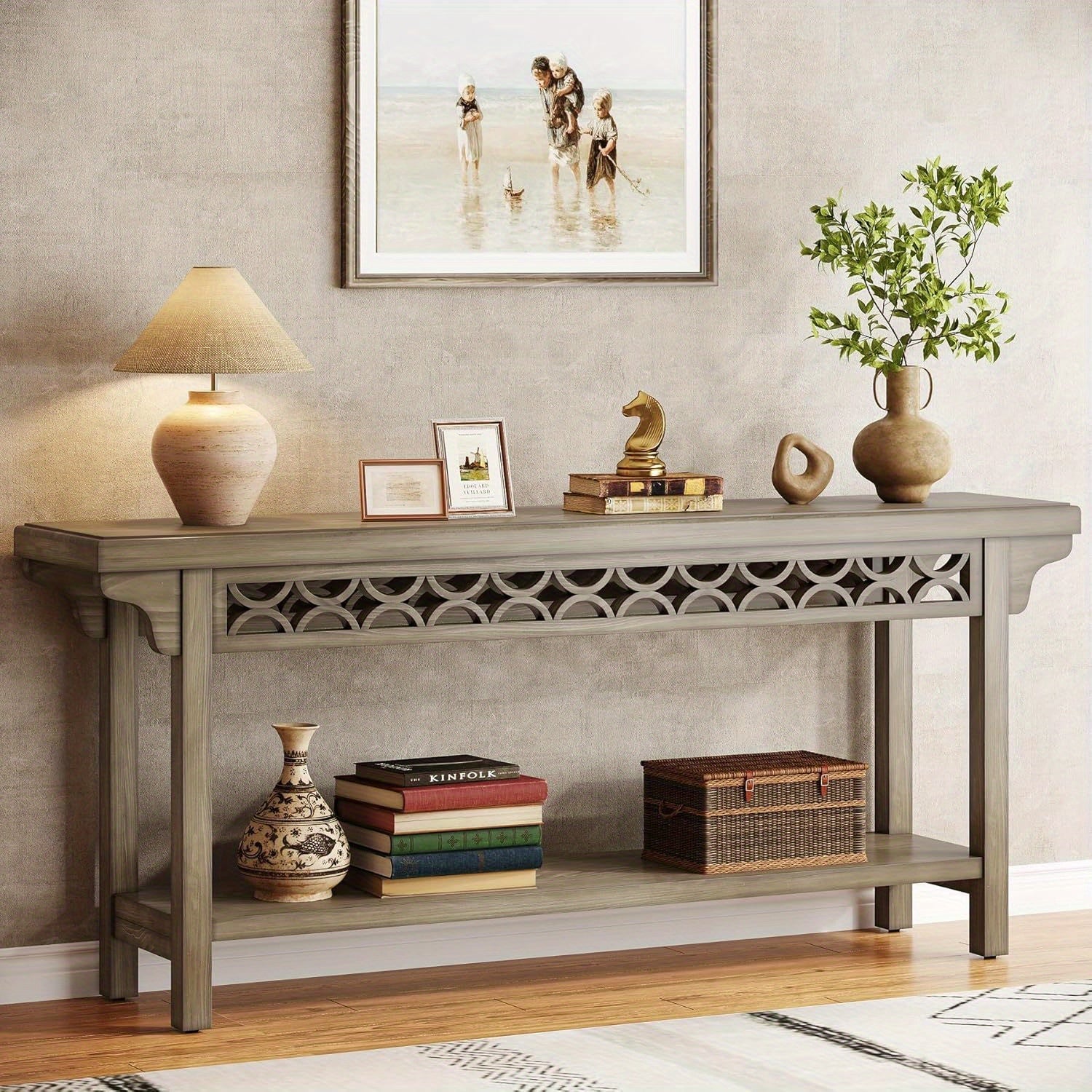 70.8-Inch Solid Wood Long Console Table, Farmhouse Entryway Table with Storage, Narrow Sofa Table Grey Couch Table for Living Room Entryway Hallway (Gray)