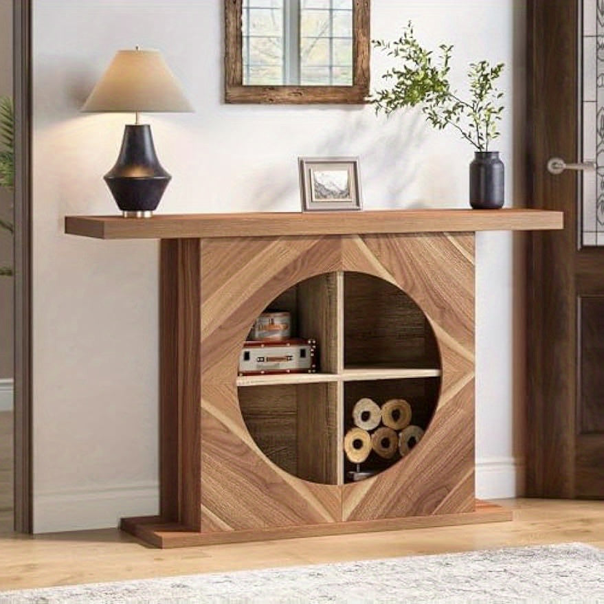 47.2 Inches Console Table, Rustic Wood Entryway Table with 4-Cube Storage, Narrow Sofa Table Behind Couch, Foyer Table for Entryway, Living Room, Hallway, Unique Design